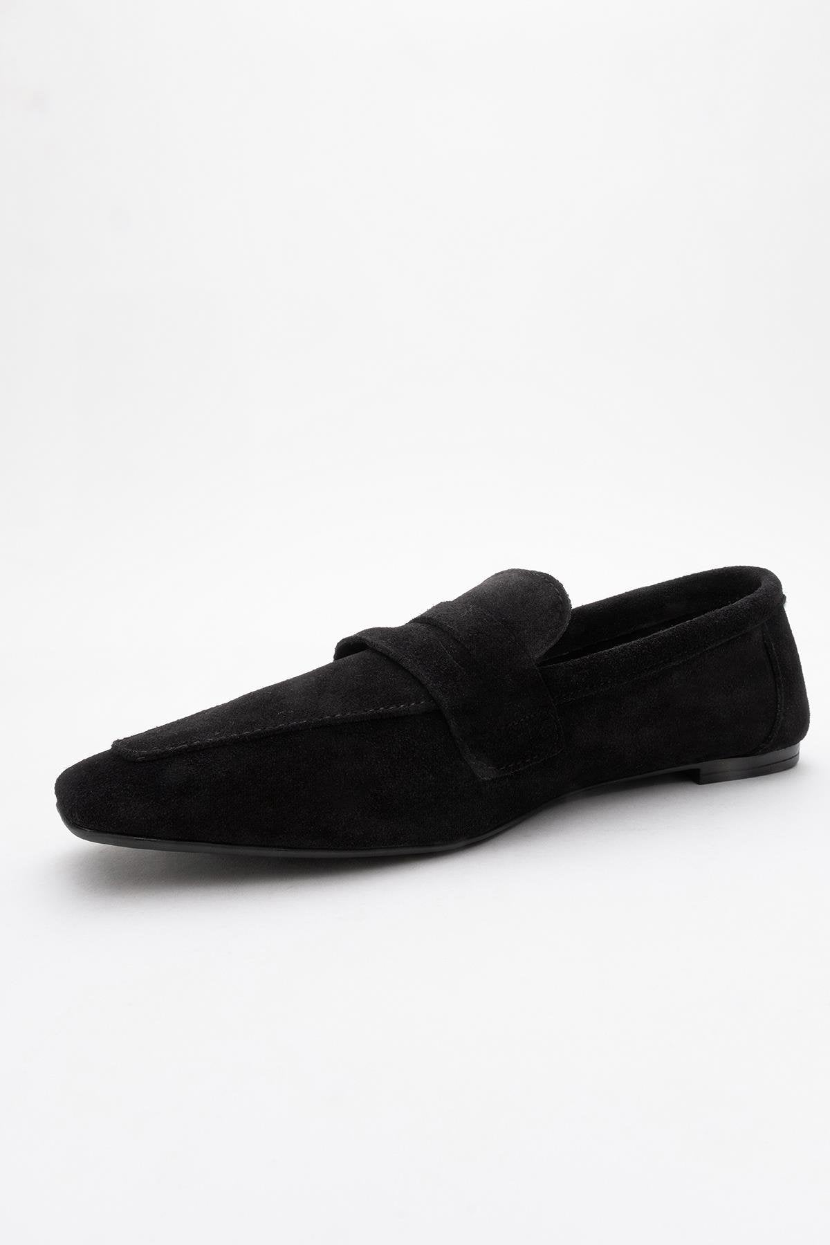 Morne - Black Suede Leather Loafers – heel view showing leather, suede, black, Vowalisse