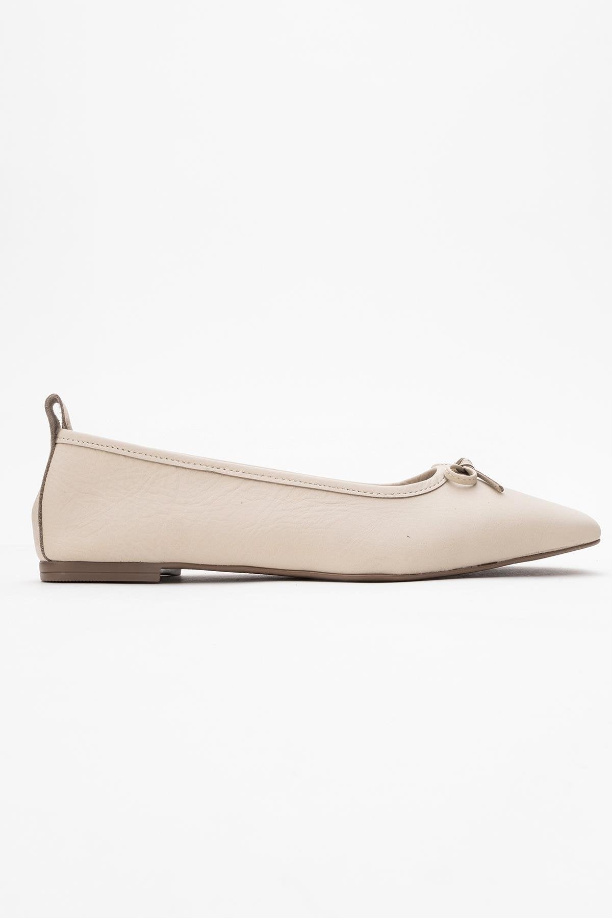 Sosa - Light Beige Leather Ballet Flats – top view showing bow, leather, Vowalisse
