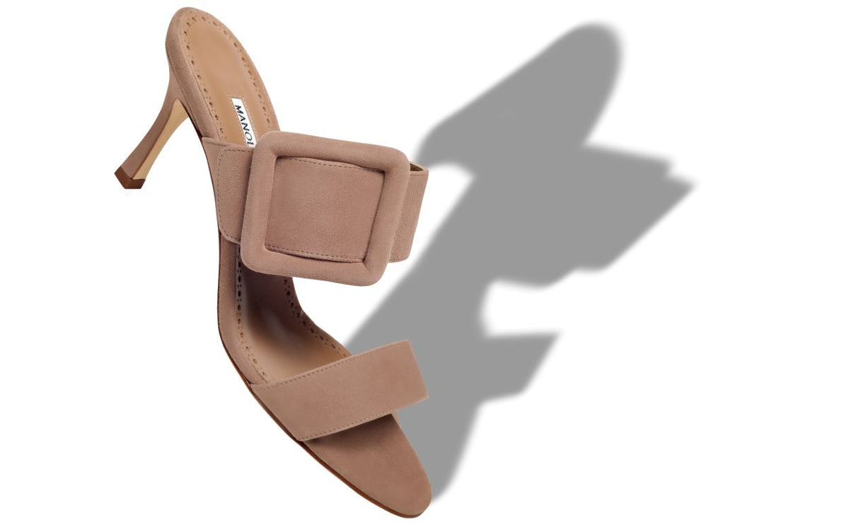 Genevieve Grace Neutral Open Toe Mules – front three-quarter view showing neutral open toe, suede, Vowalisse