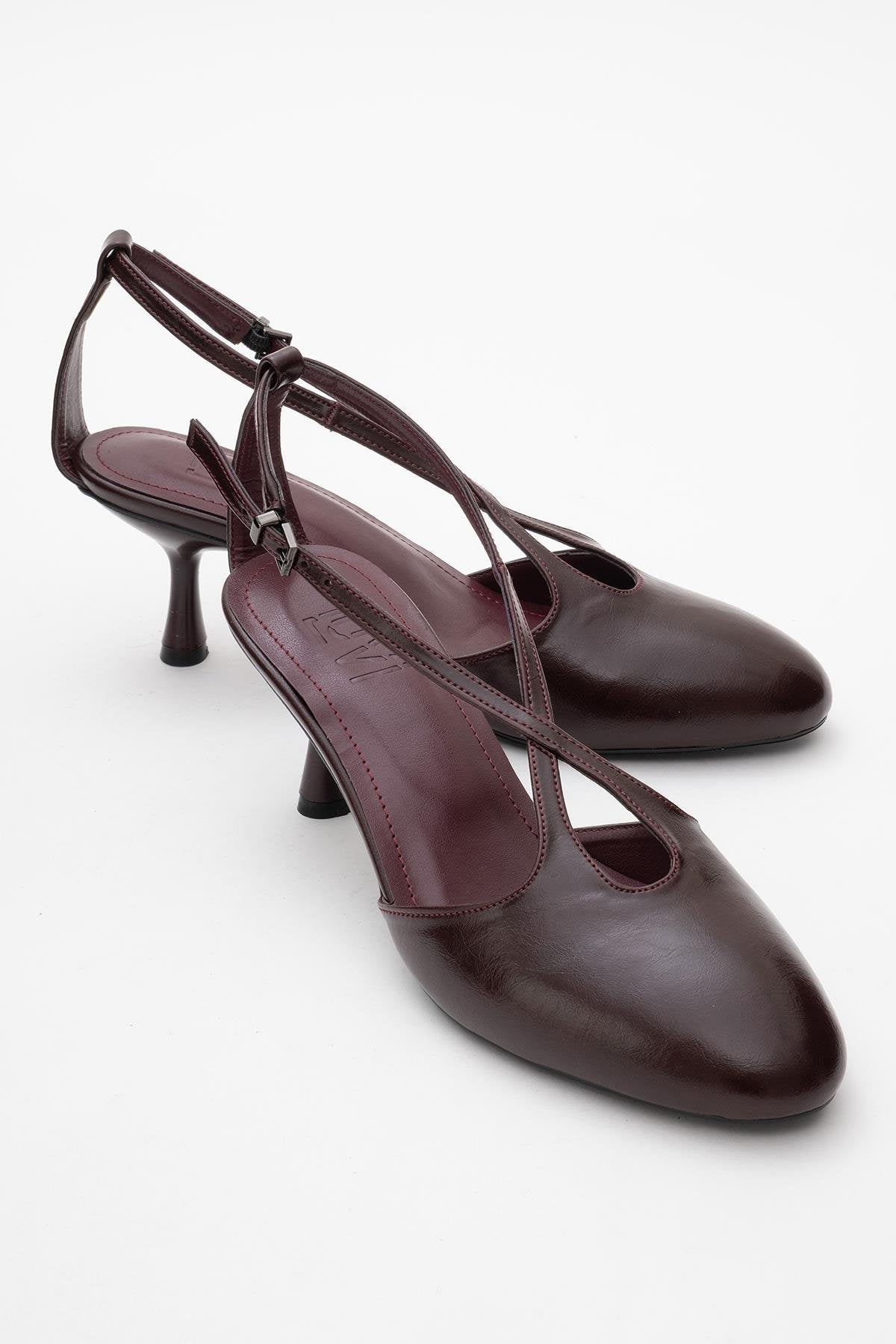 Agves - Burgundy Heeled Sandal – front three-quarter view showing leather, Vowalisse