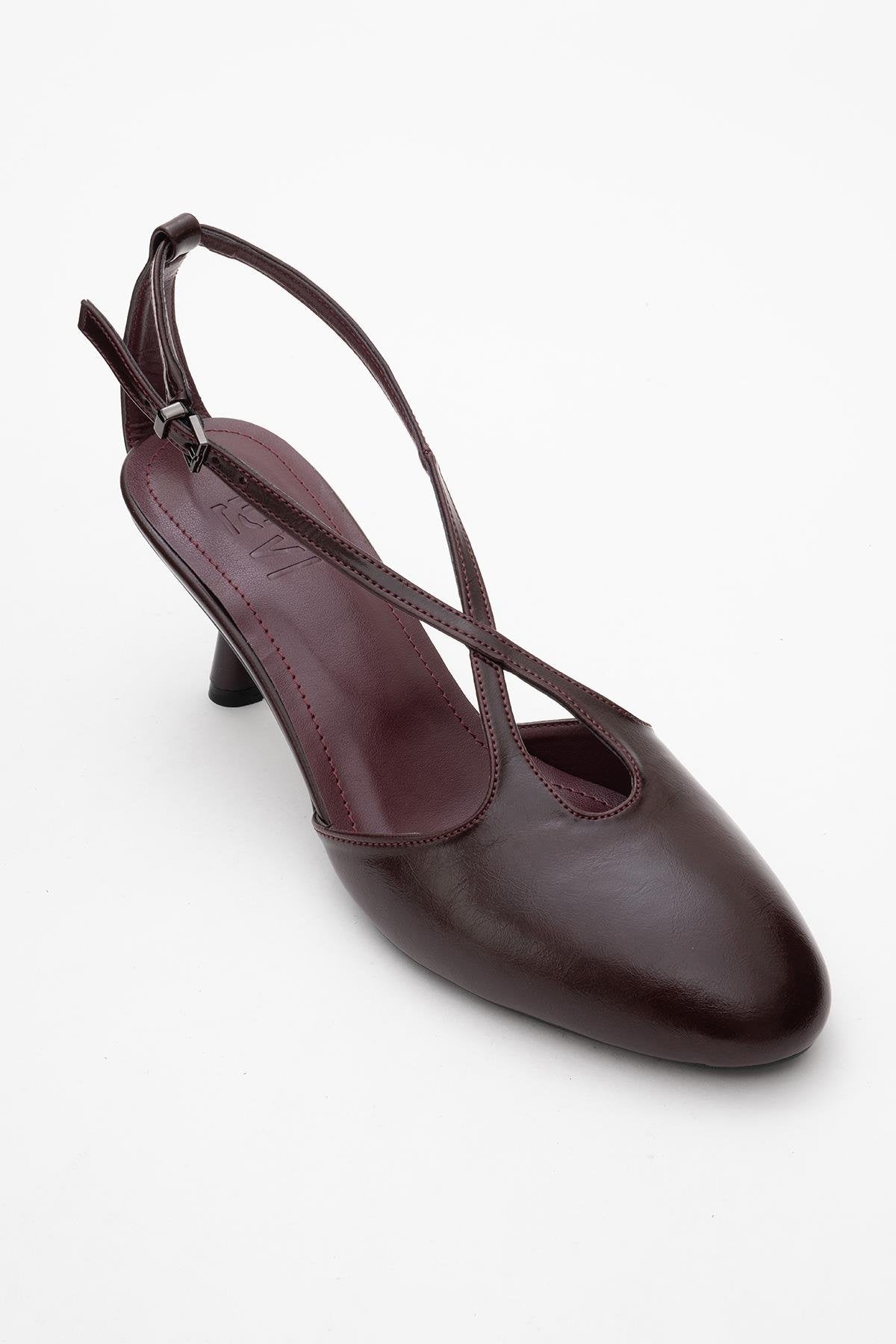 Agves - Burgundy Heeled Sandal – detail view showing leather, Vowalisse