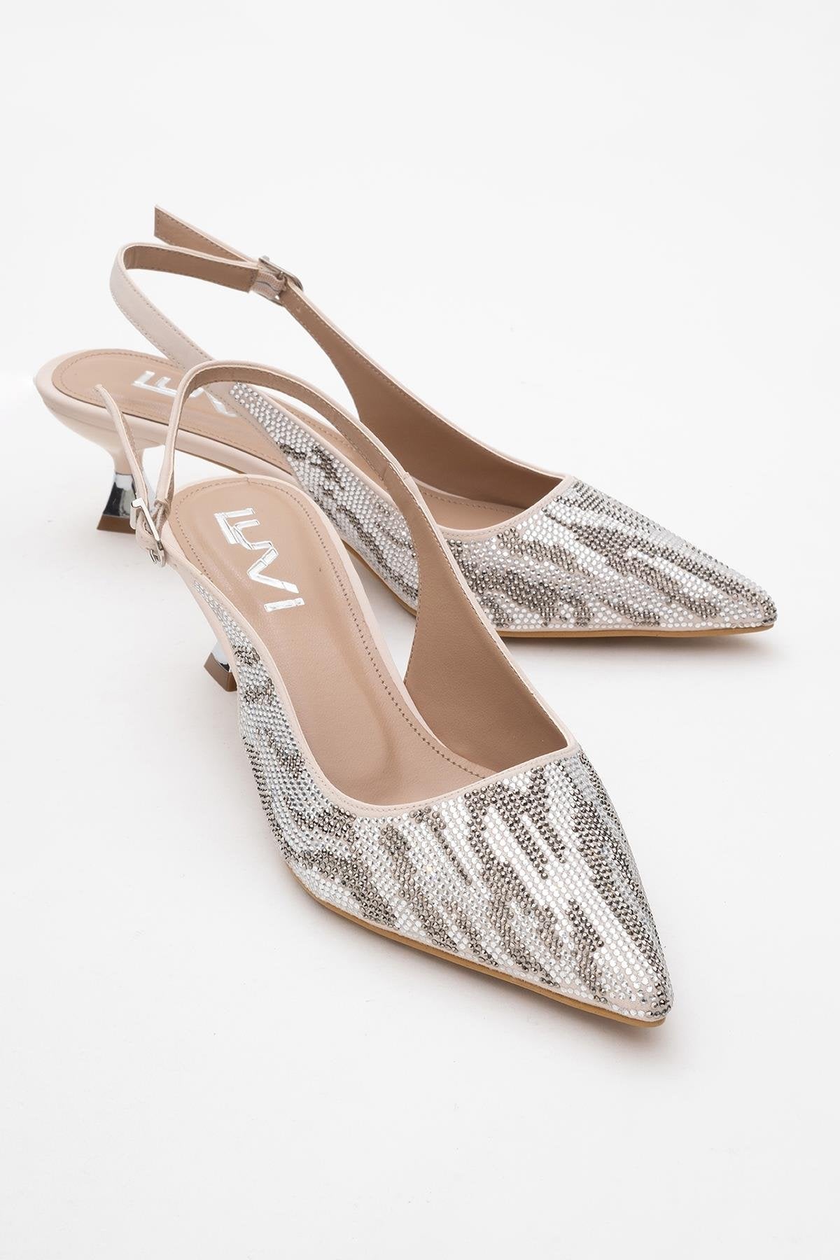 Ushes - Beige Short Heel Dress Shoe – front three-quarter view showing satin, leather, Vowalisse