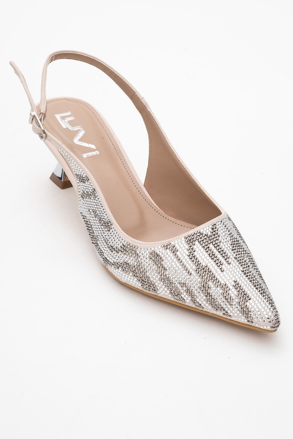 Ushes - Beige Short Heel Dress Shoe – detail view showing satin, leather, Vowalisse