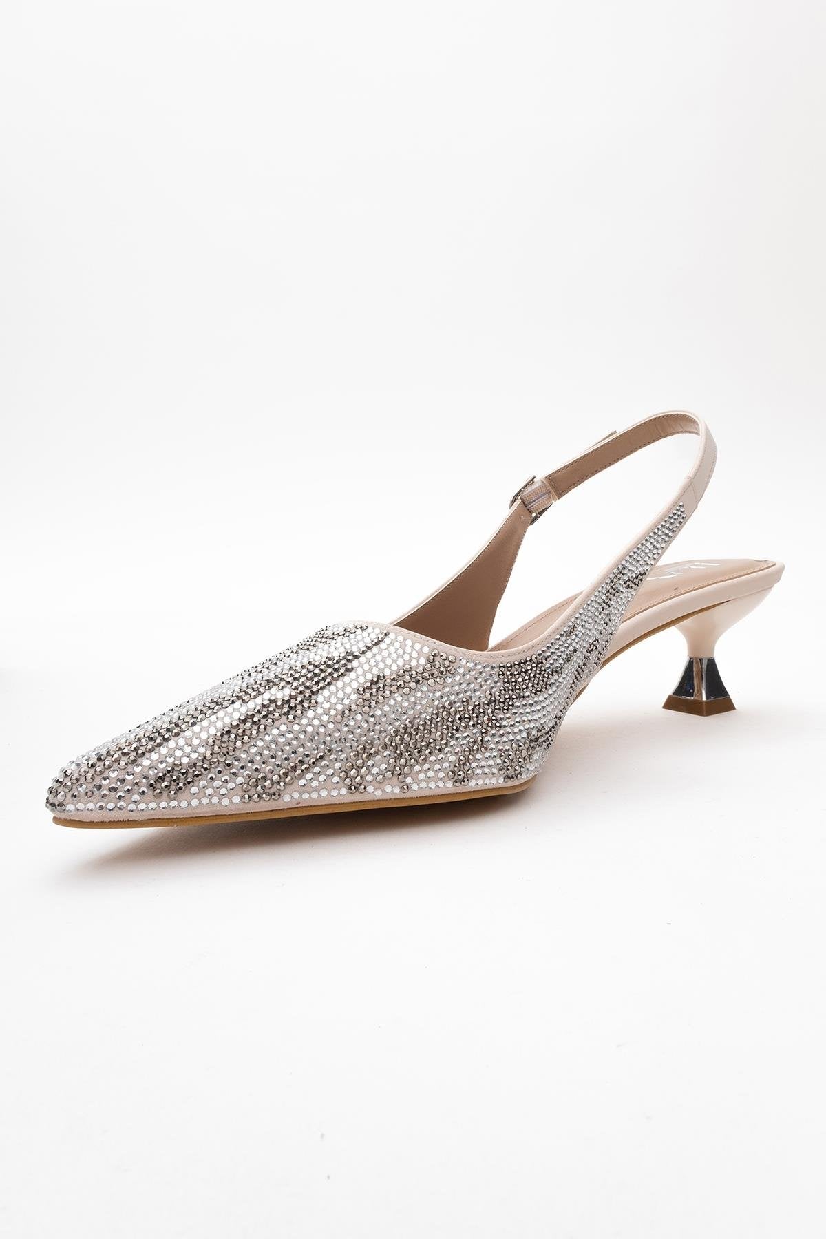 Ushes - Beige Short Heel Dress Shoe – heel view showing satin, leather, Vowalisse