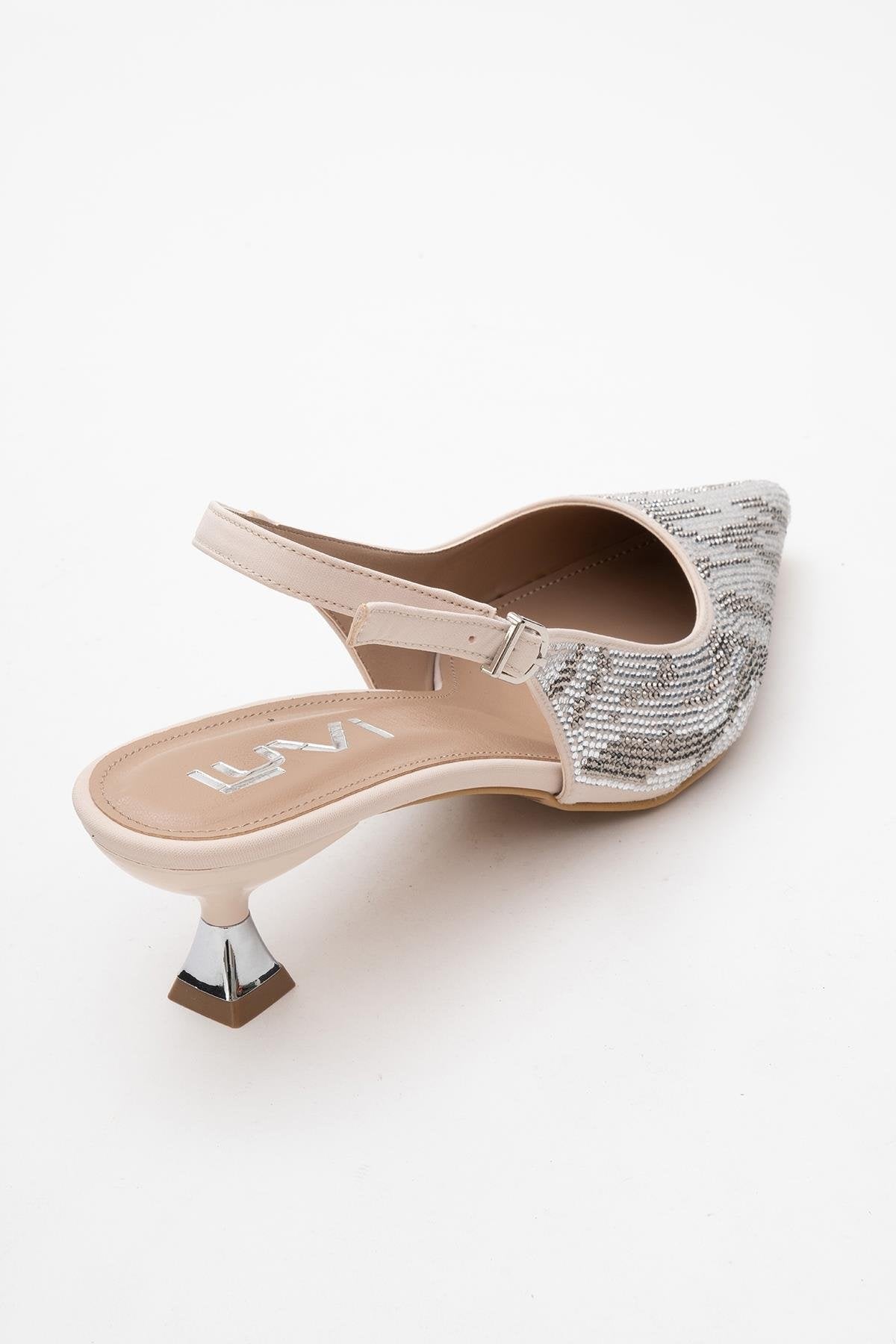 Ushes - Beige Short Heel Dress Shoe – back view showing satin, leather, Vowalisse
