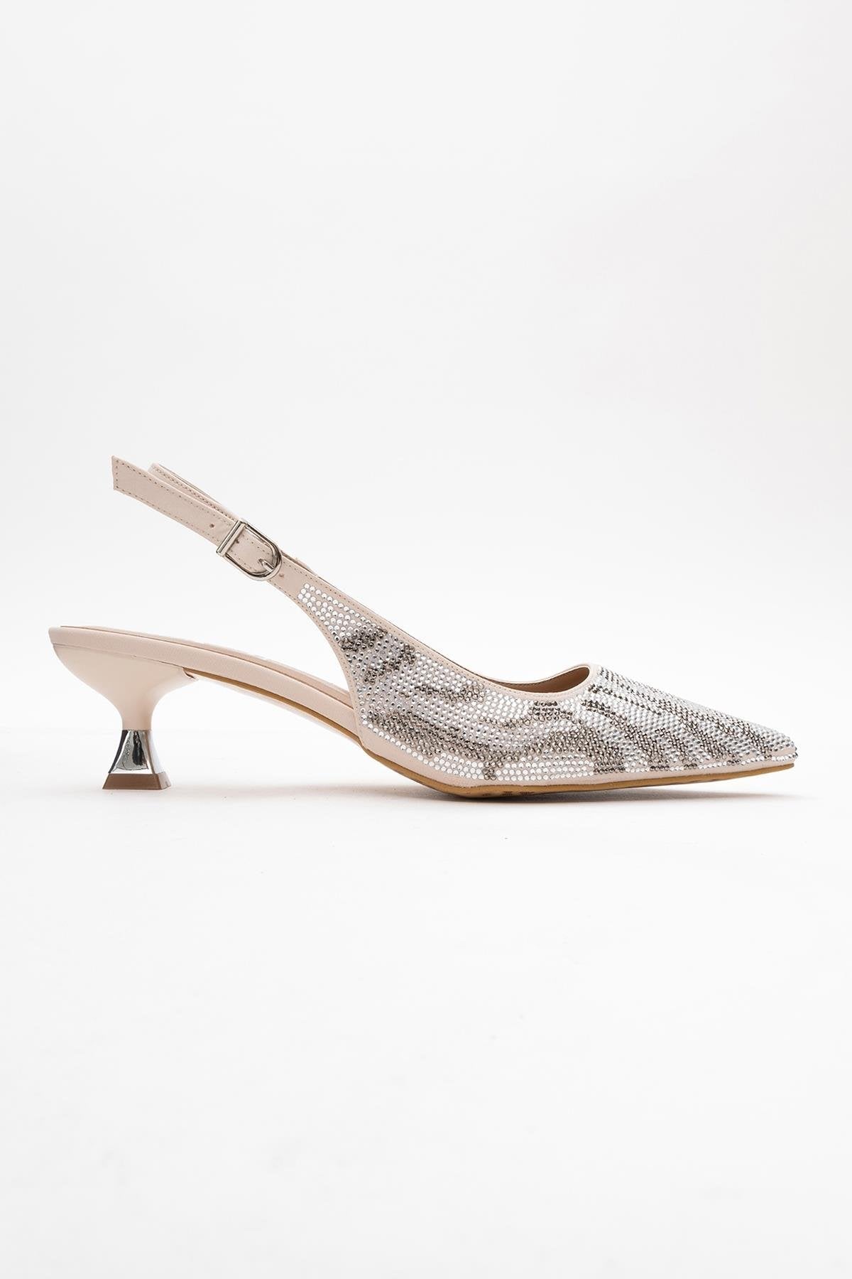 Ushes - Beige Short Heel Dress Shoe – top view showing satin, leather, Vowalisse