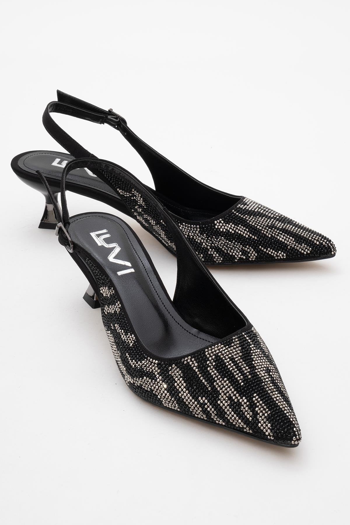 Ushes - Black Short Heel Dress Shoe – front three-quarter view showing satin, leather, black, Vowalisse