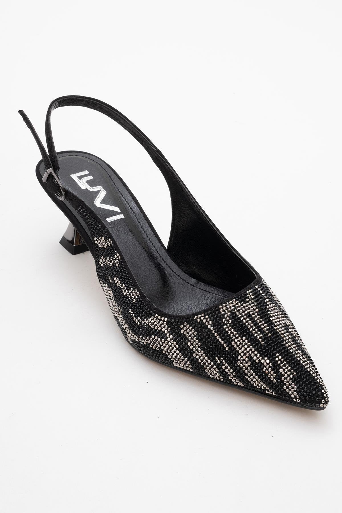 Ushes - Black Short Heel Dress Shoe – detail view showing satin, leather, black, Vowalisse