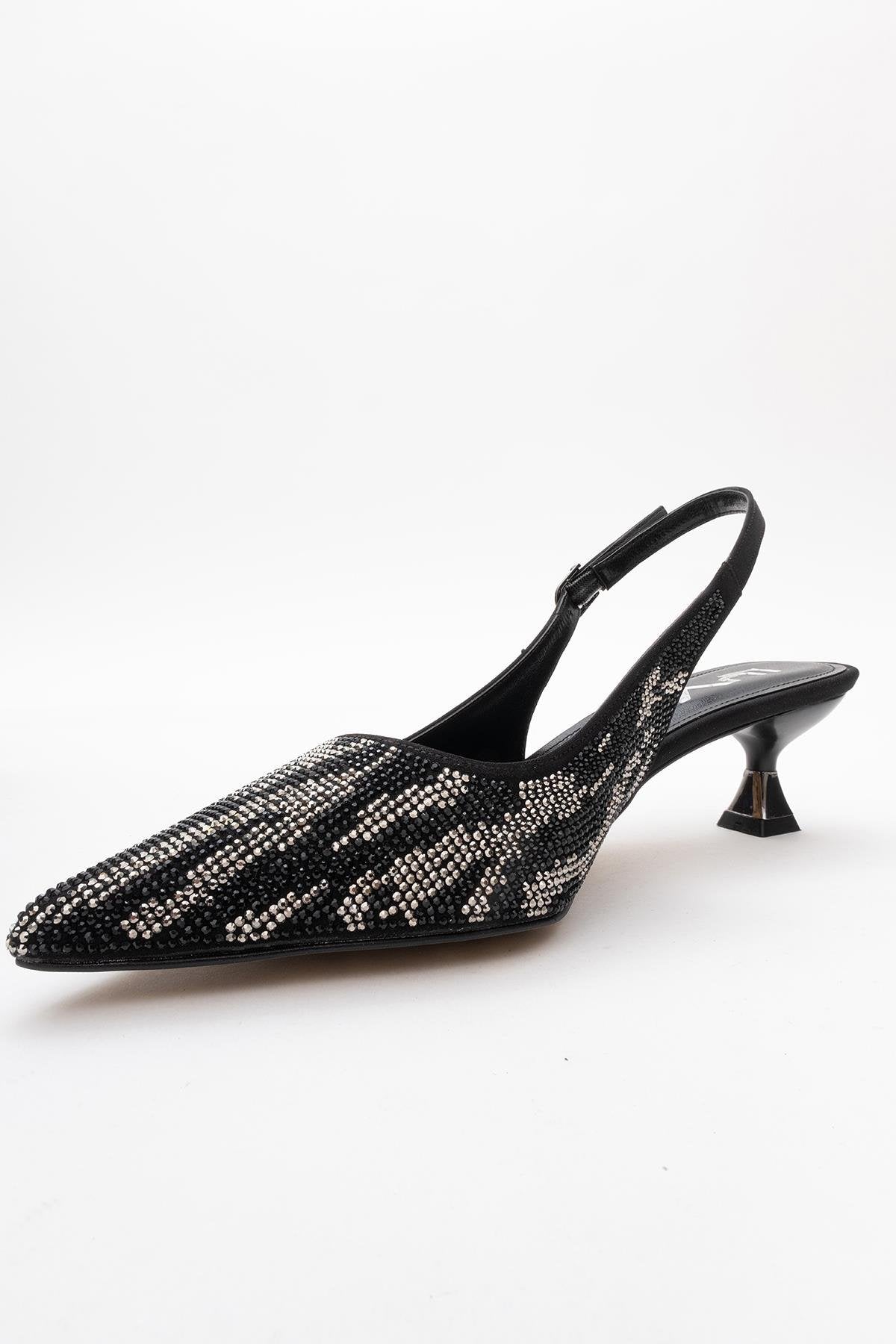 Ushes - Black Short Heel Dress Shoe – heel view showing satin, leather, black, Vowalisse
