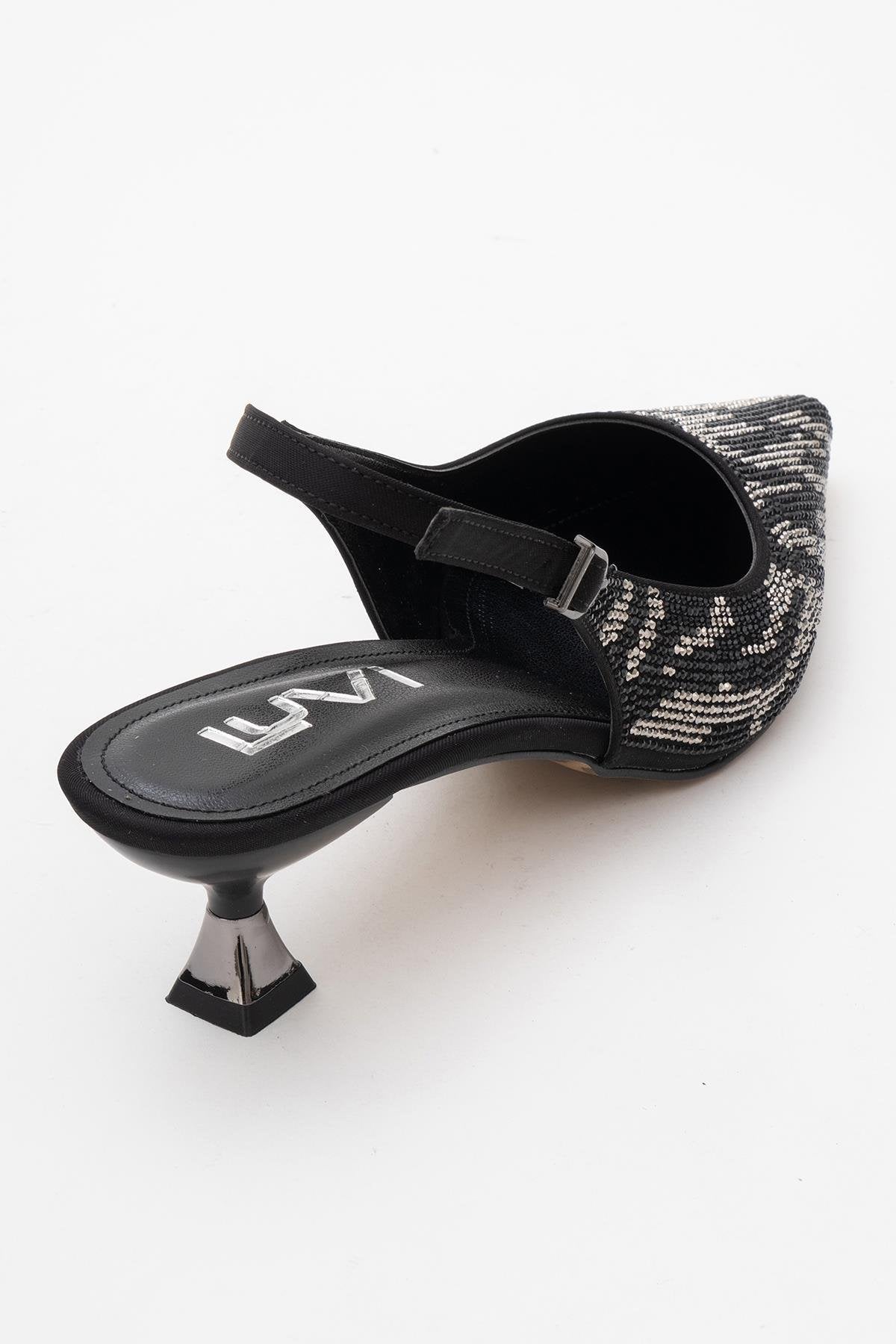 Ushes - Black Short Heel Dress Shoe – back view showing satin, leather, black, Vowalisse