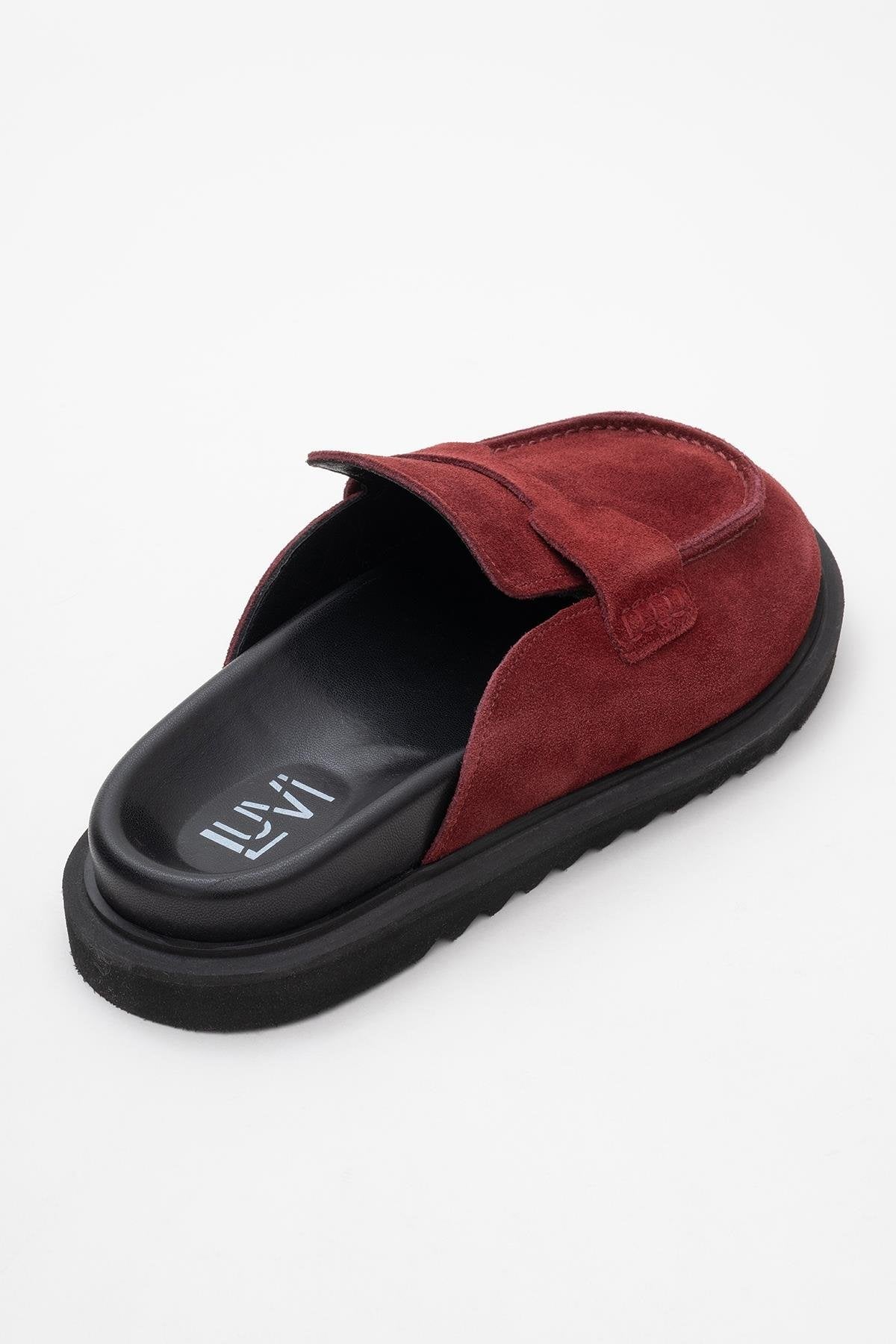 Laven - Suede Burgundy Leather Clogs – back view showing leather, suede, red, Vowalisse