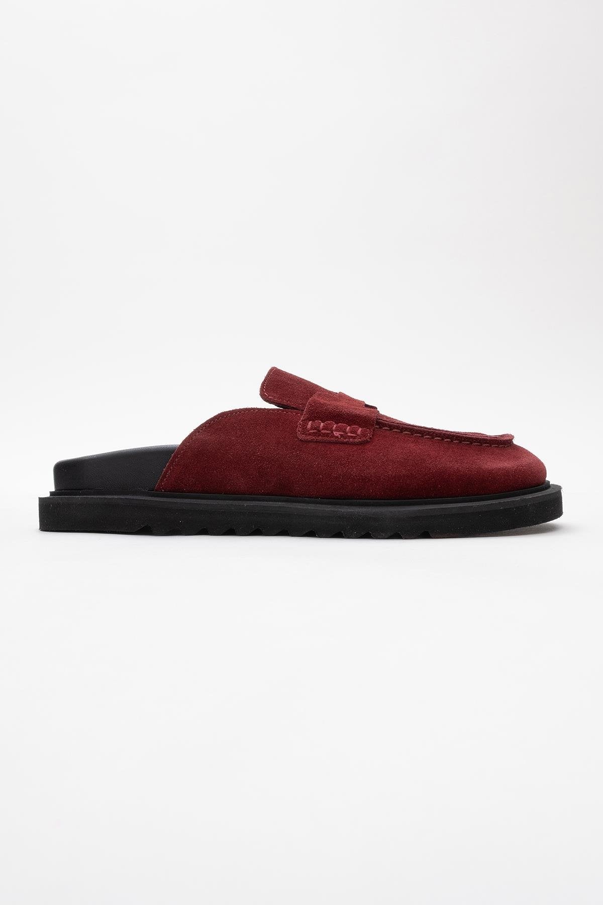 Laven - Suede Burgundy Leather Clogs – top view showing leather, suede, red, Vowalisse