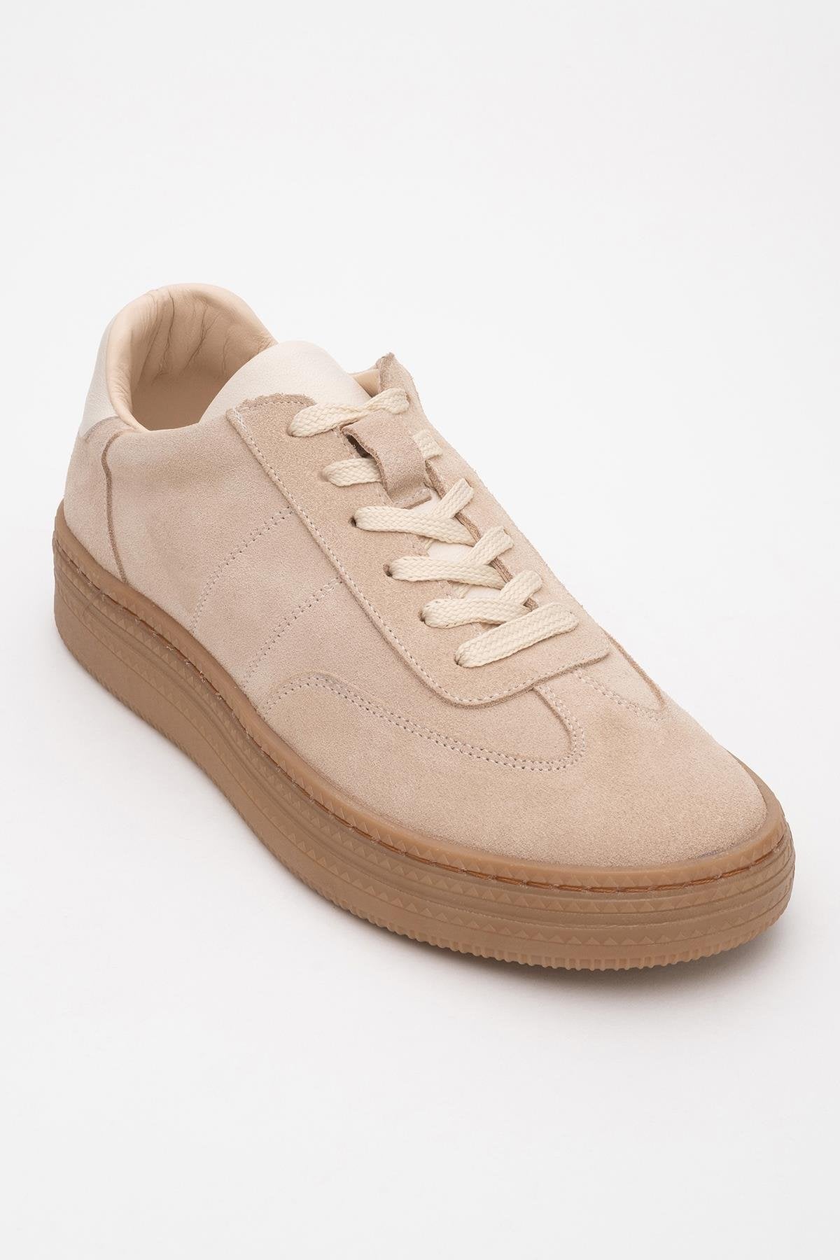 Fiore - Beige Leather Sneakers – detail view showing leather, red, Vowalisse