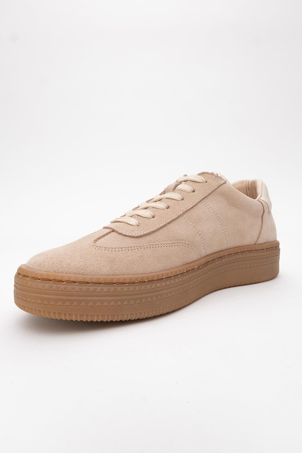Fiore - Beige Leather Sneakers – heel view showing leather, red, Vowalisse