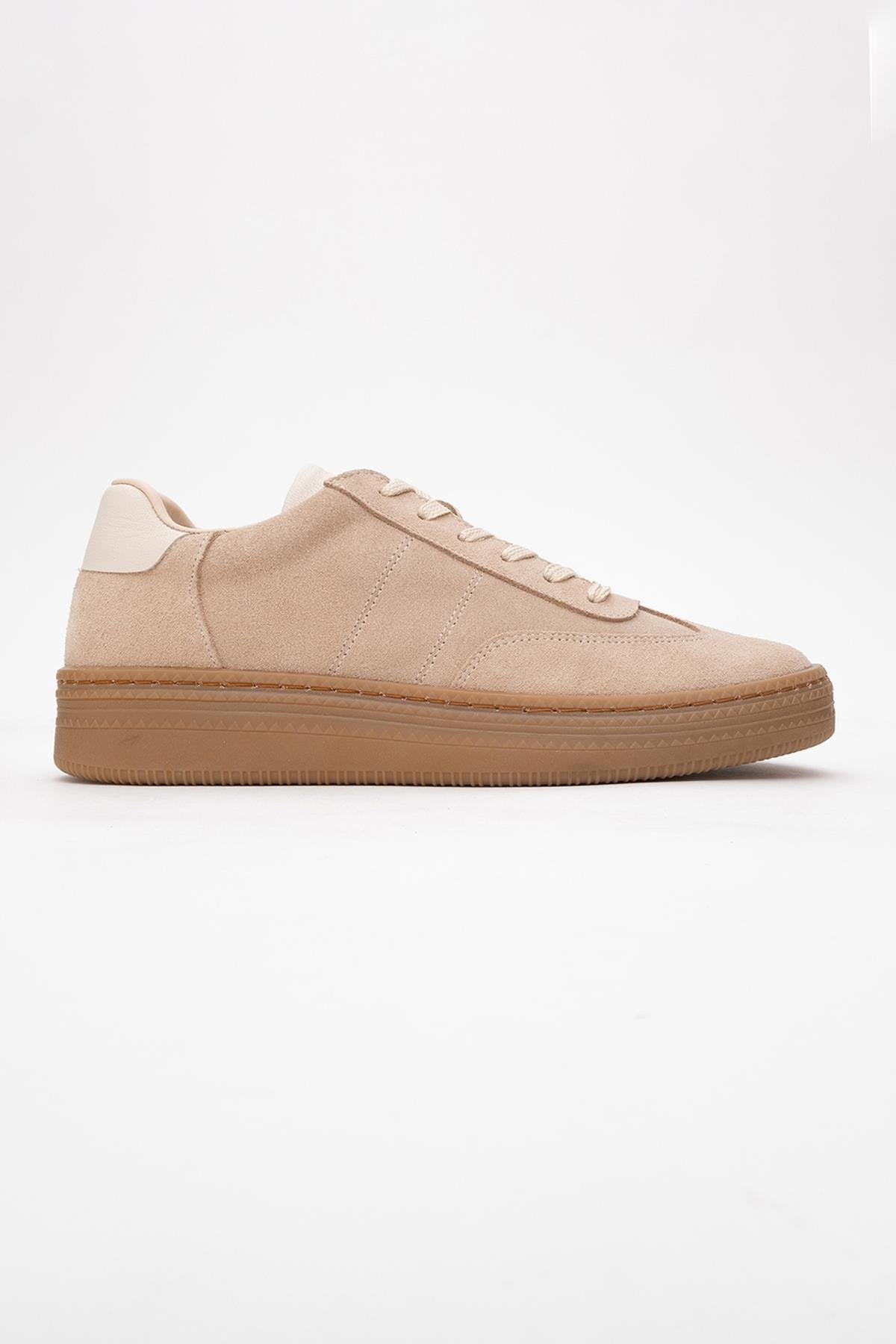 Fiore - Beige Leather Sneakers – top view showing leather, red, Vowalisse
