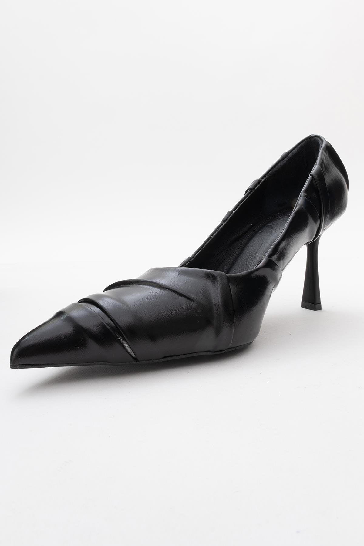 Anly - Black Slim Heel Pump – heel view showing leather, black, Vowalisse