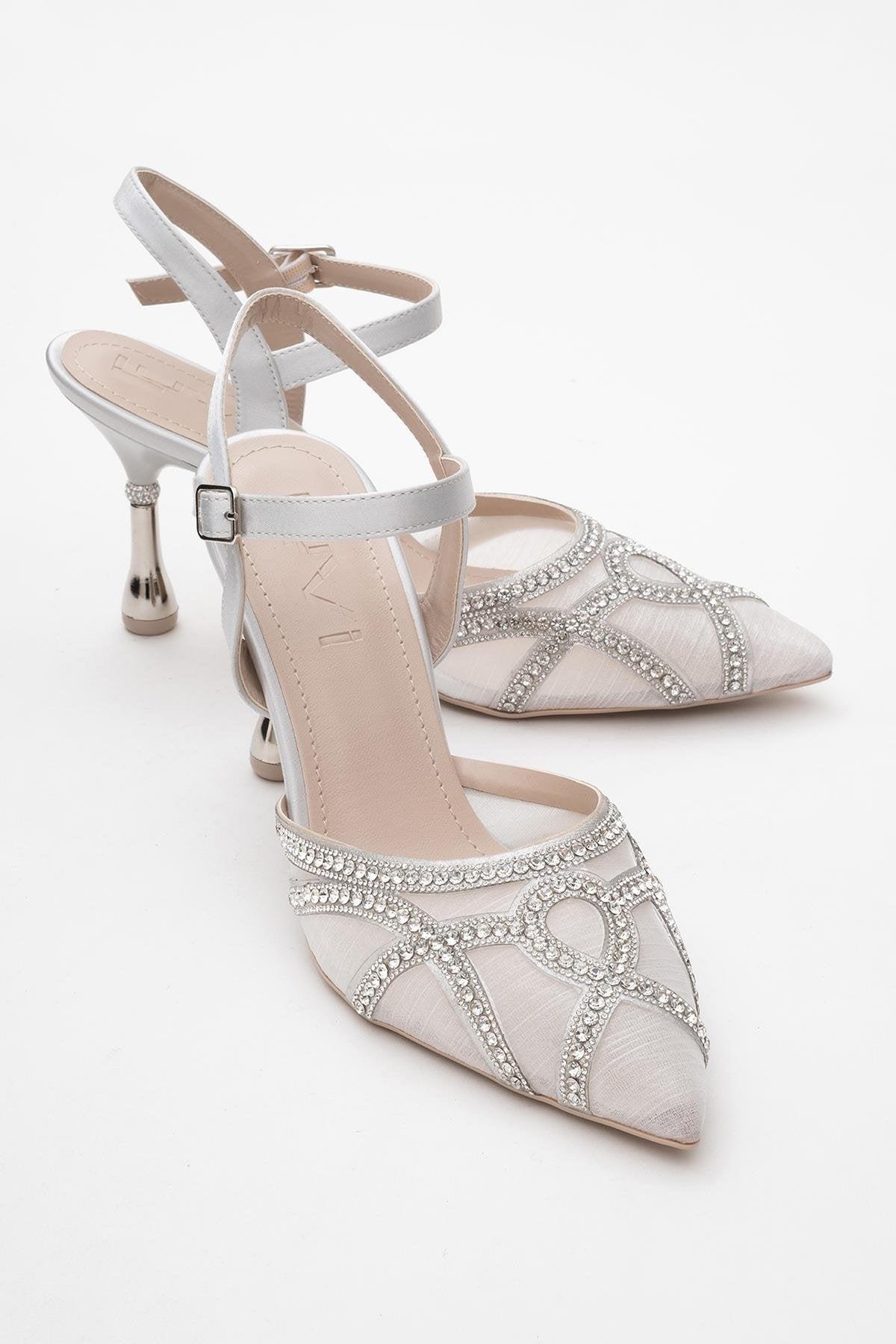 Volby - Silver Embellished Evening Shoe – front three-quarter view showing satin, leather, silver, Vowalisse