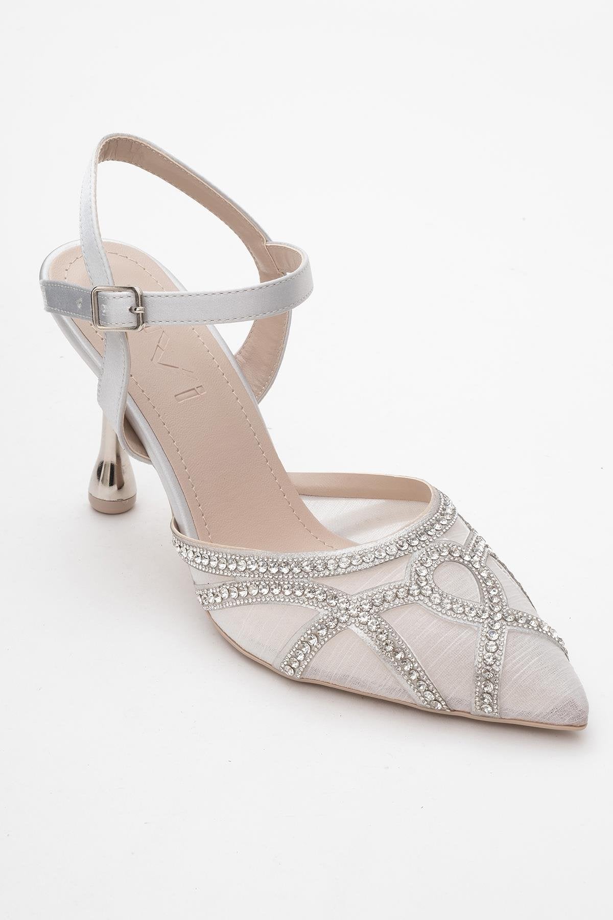 Volby - Silver Embellished Evening Shoe – detail view showing satin, leather, silver, Vowalisse