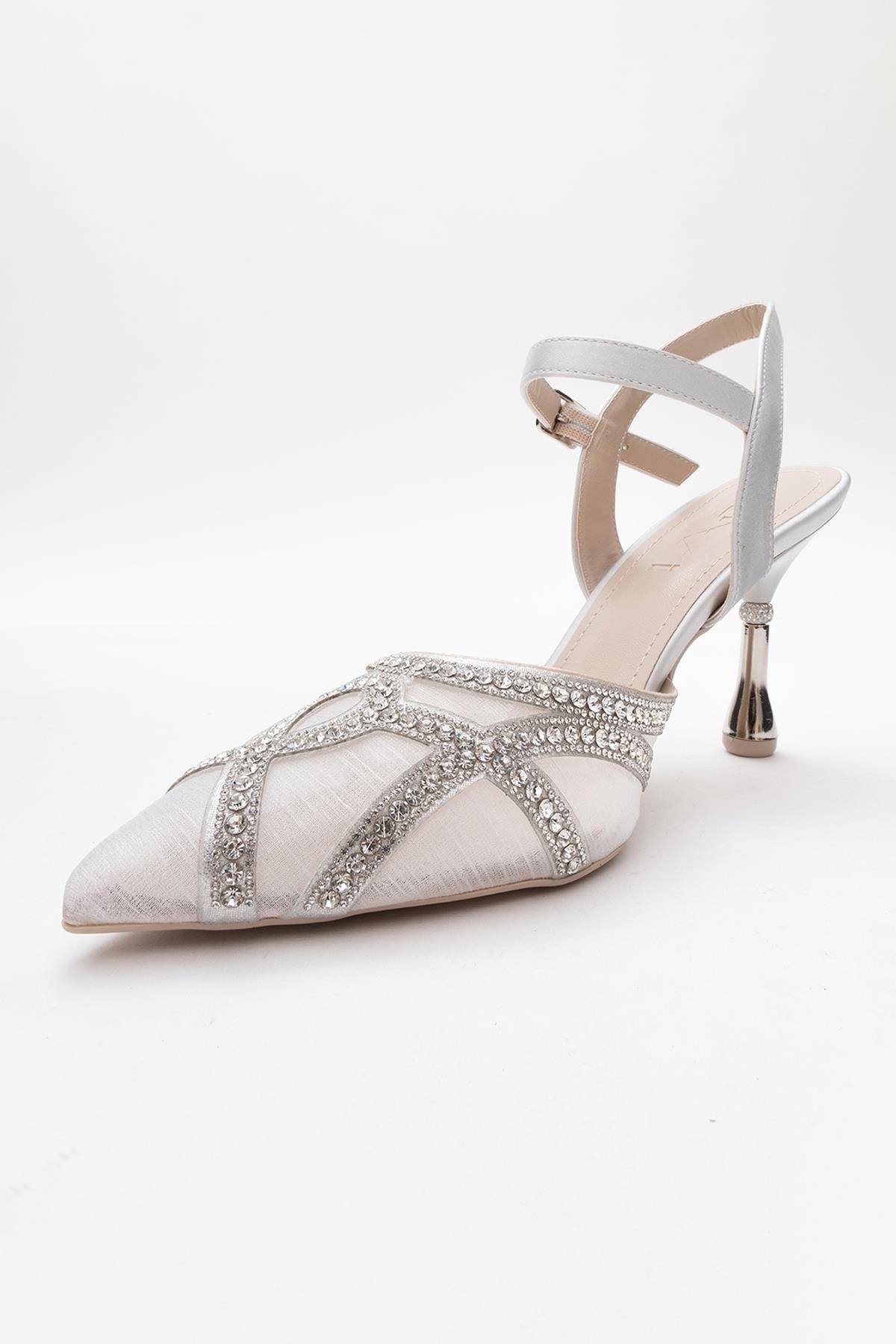 Volby - Silver Embellished Evening Shoe – heel view showing satin, leather, silver, Vowalisse