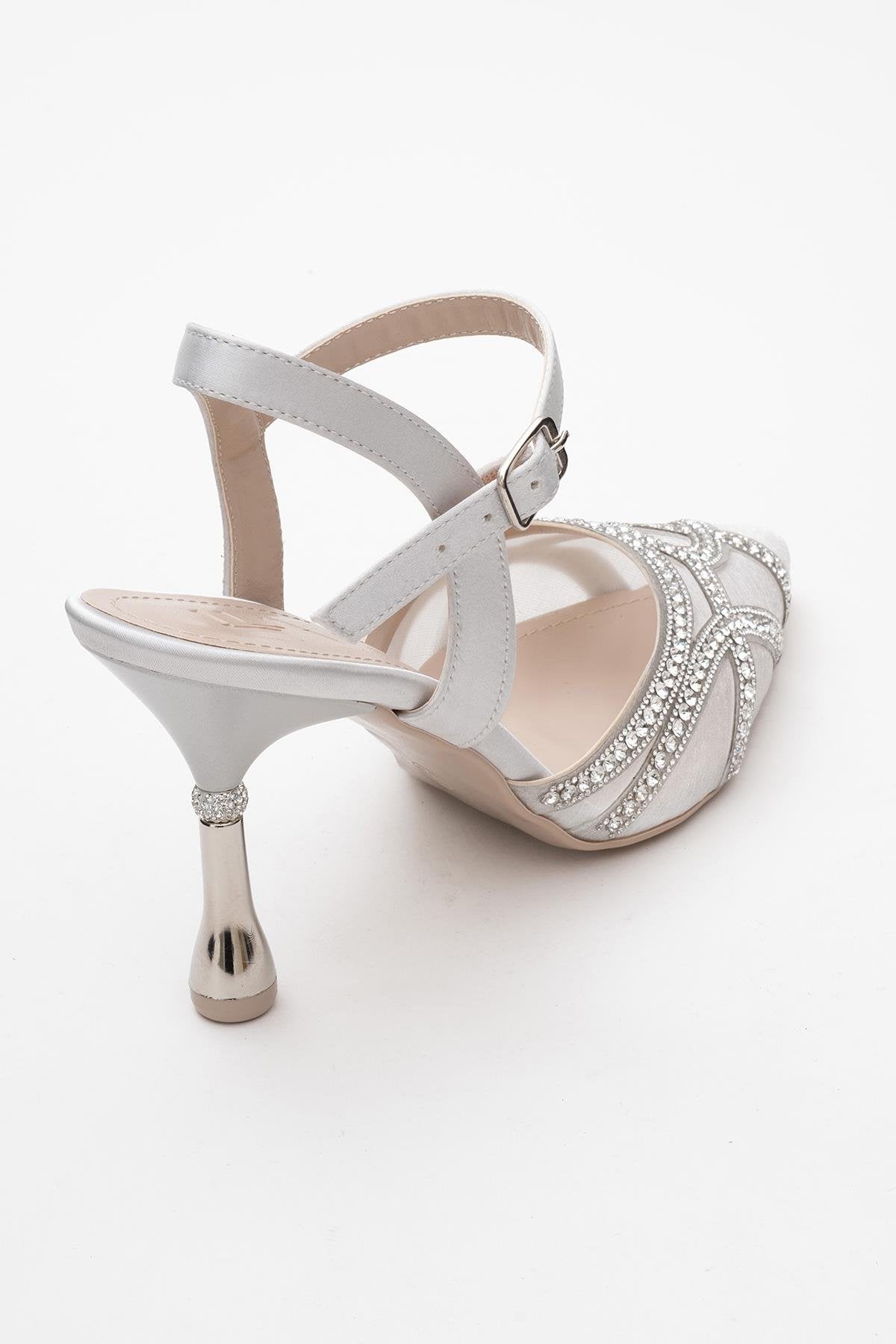 Volby - Silver Embellished Evening Shoe – back view showing satin, leather, silver, Vowalisse