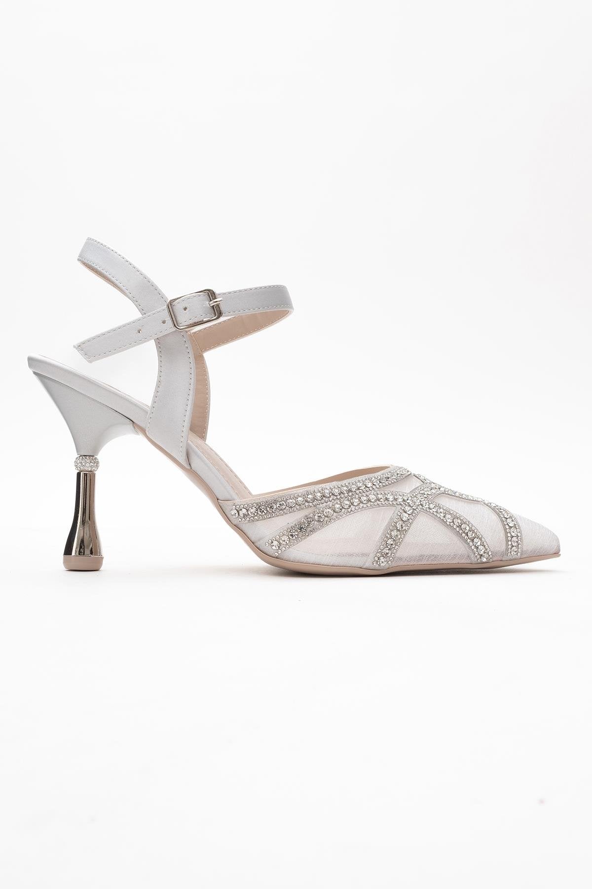 Volby - Silver Embellished Evening Shoe – top view showing satin, leather, silver, Vowalisse