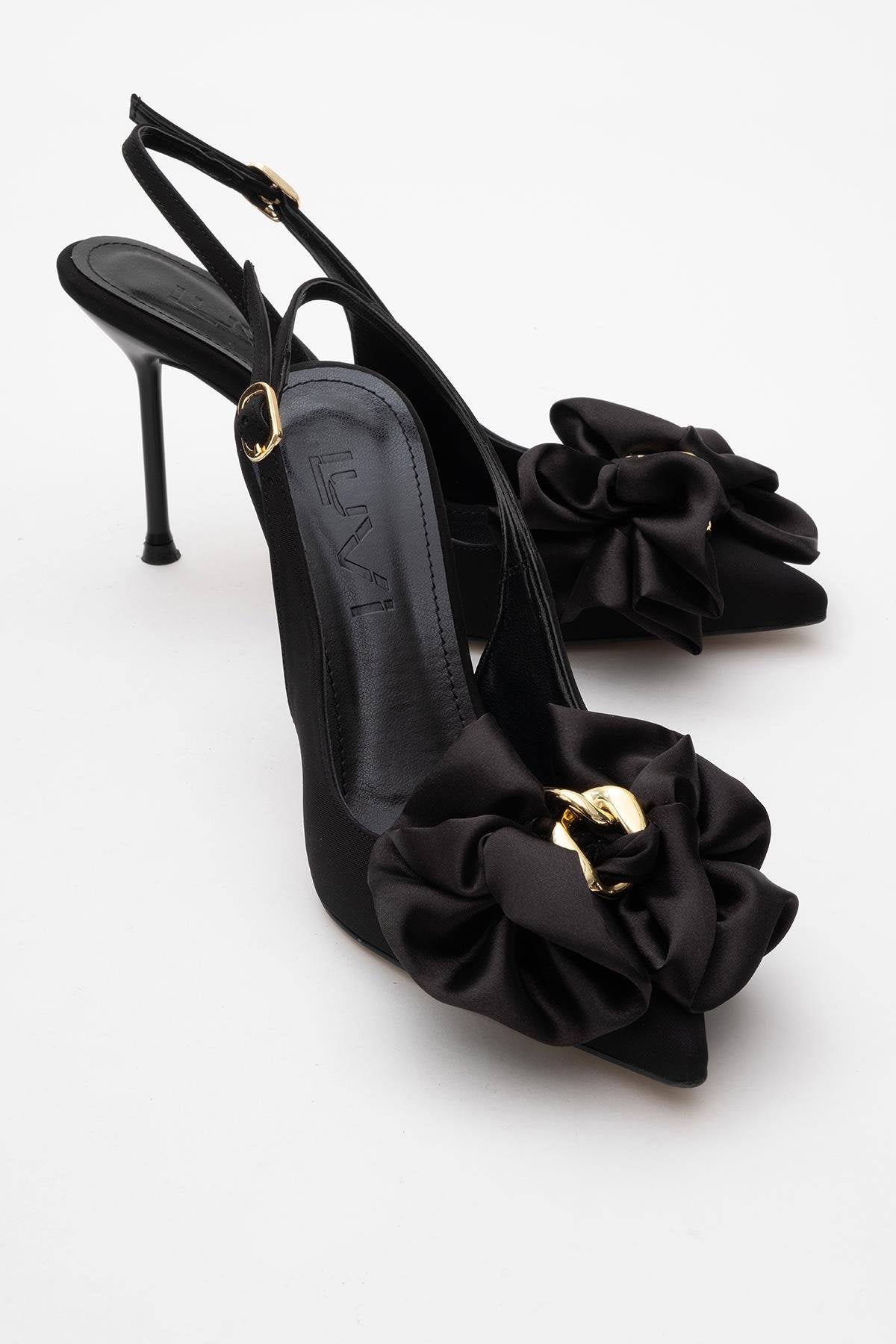 Noria - Black Floral Slim Heel Pump – front three-quarter view showing leather, black, Vowalisse