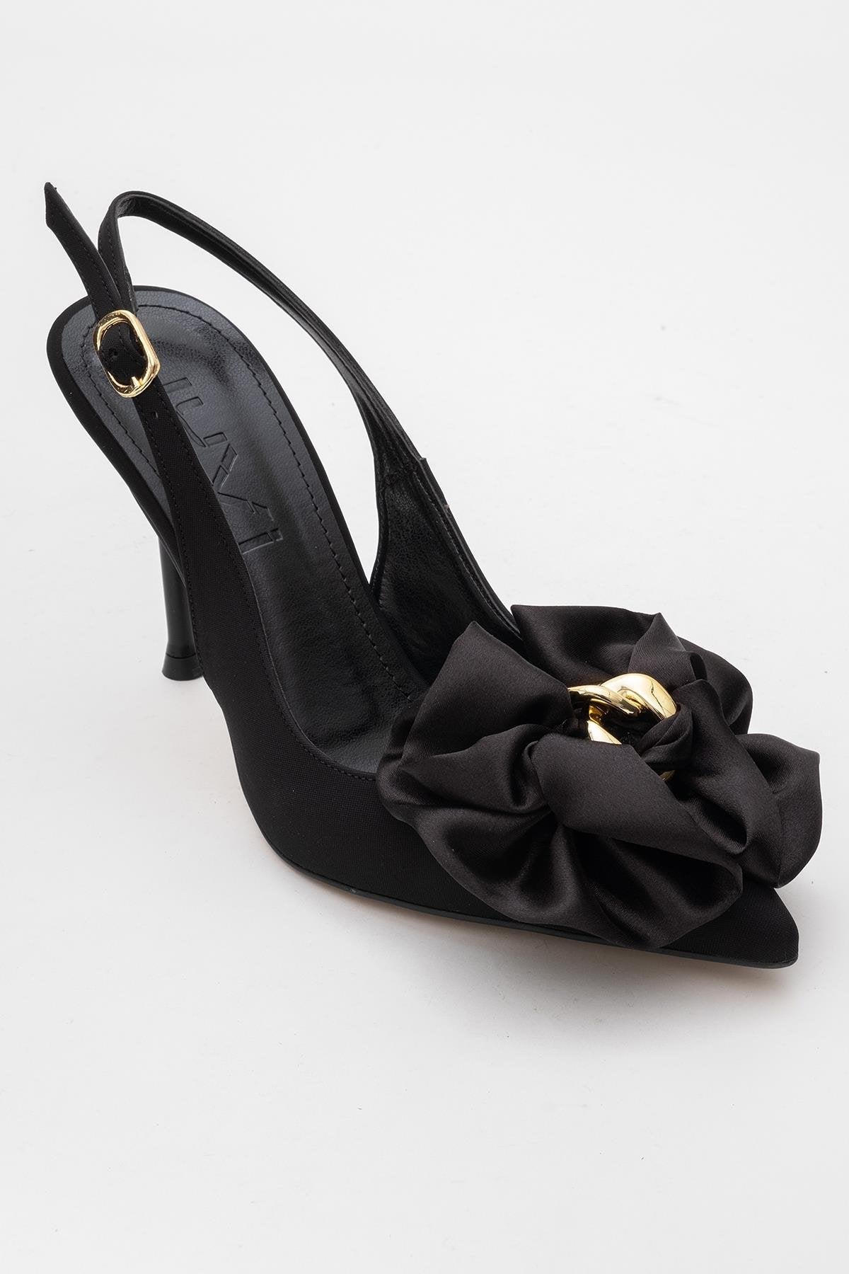 Noria - Black Floral Slim Heel Pump – detail view showing leather, black, Vowalisse