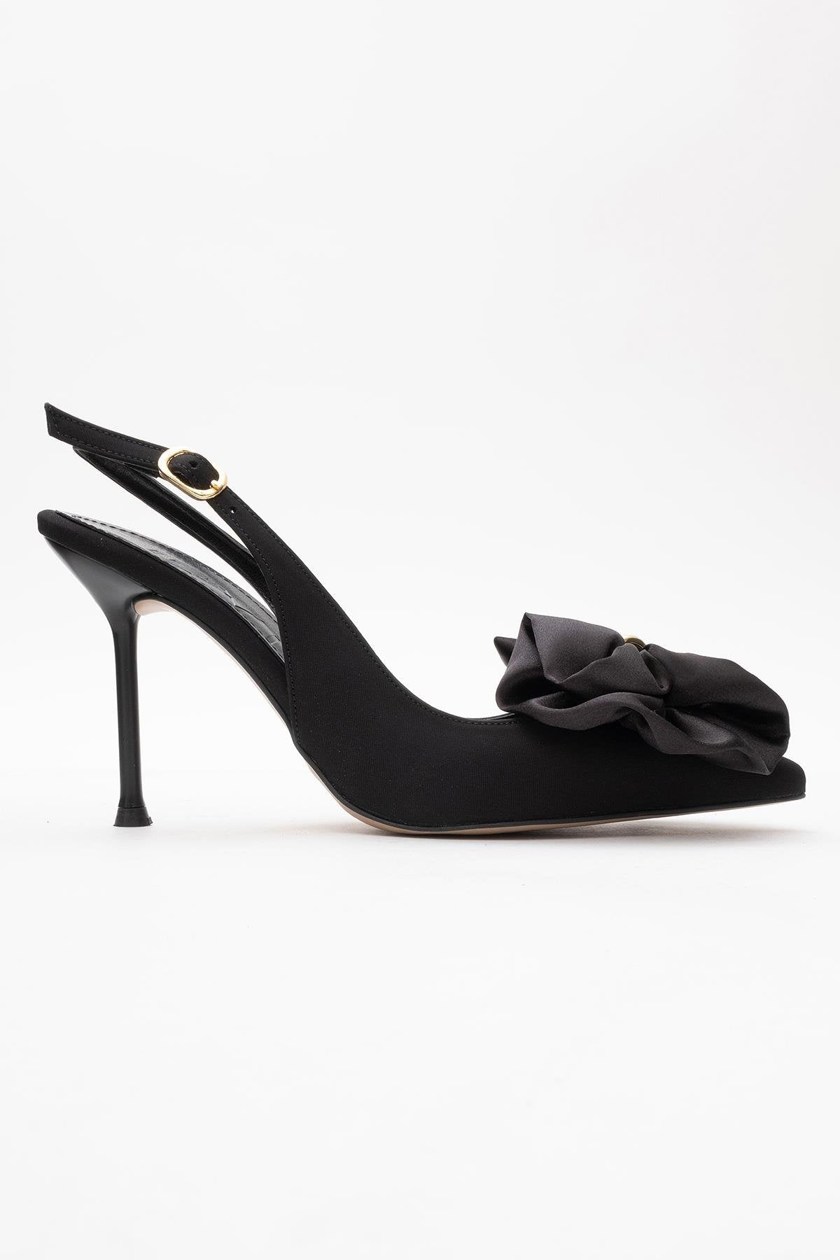 Noria - Black Floral Slim Heel Pump – top view showing leather, black, Vowalisse
