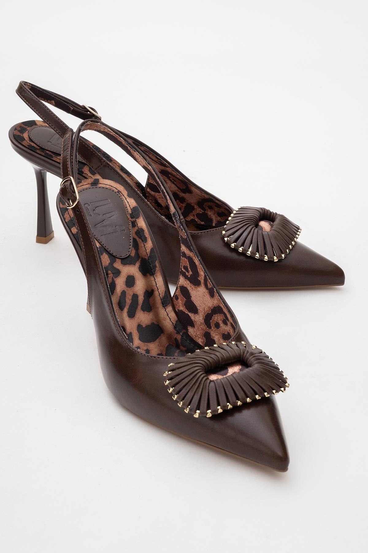 Spera - Brown Patterned Buckle Slingback Stiletto – front three-quarter view showing leather, Vowalisse