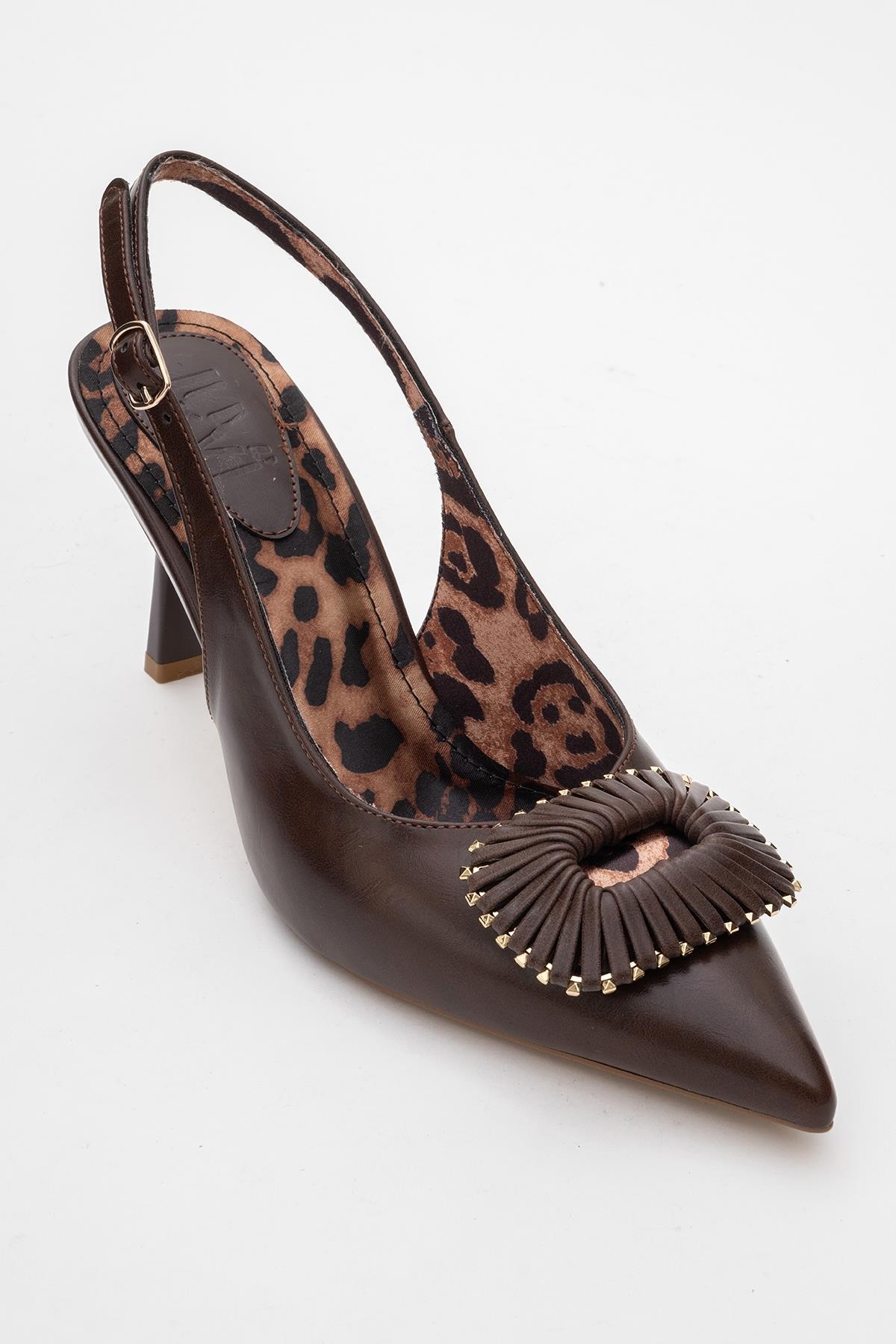Spera - Brown Patterned Buckle Slingback Stiletto – detail view showing leather, Vowalisse