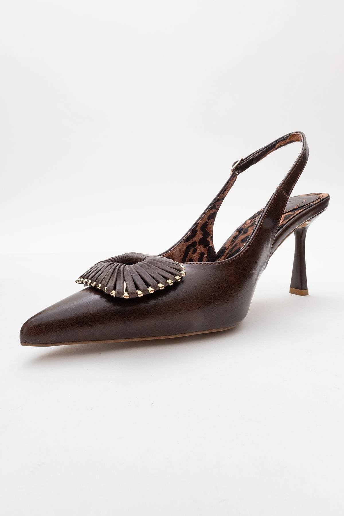 Spera - Brown Patterned Buckle Slingback Stiletto – heel view showing leather, Vowalisse
