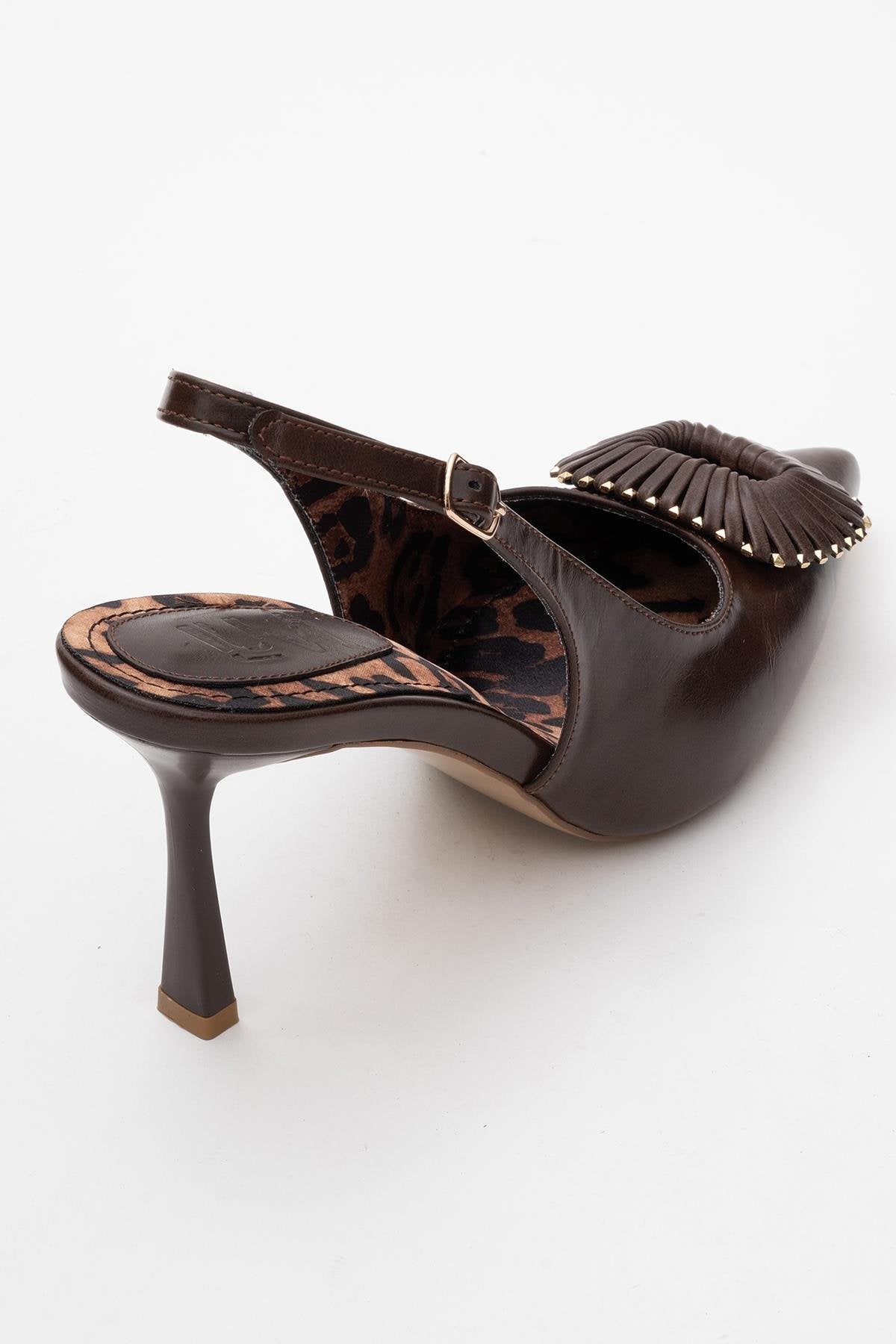Spera - Brown Patterned Buckle Slingback Stiletto – back view showing leather, Vowalisse