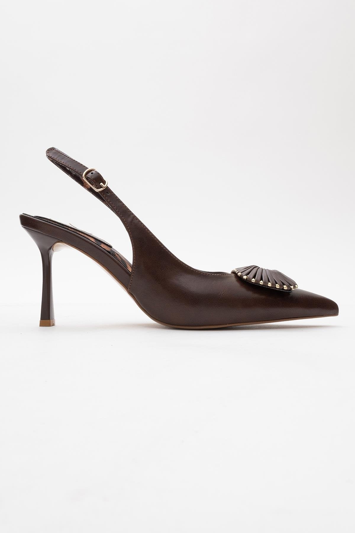 Spera - Brown Patterned Buckle Slingback Stiletto – top view showing leather, Vowalisse