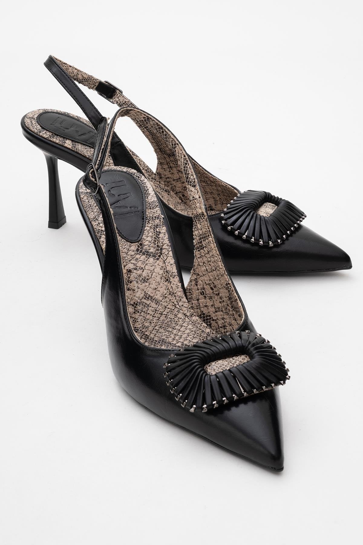 Spera - Black Patterned Buckle Slingback Stiletto – front three-quarter view showing leather, black, Vowalisse