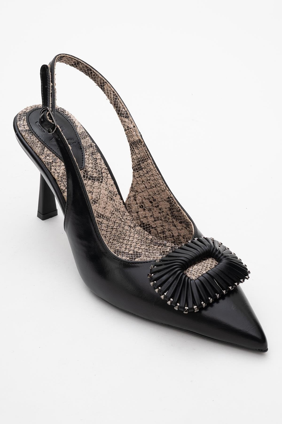 Spera - Black Patterned Buckle Slingback Stiletto – detail view showing leather, black, Vowalisse