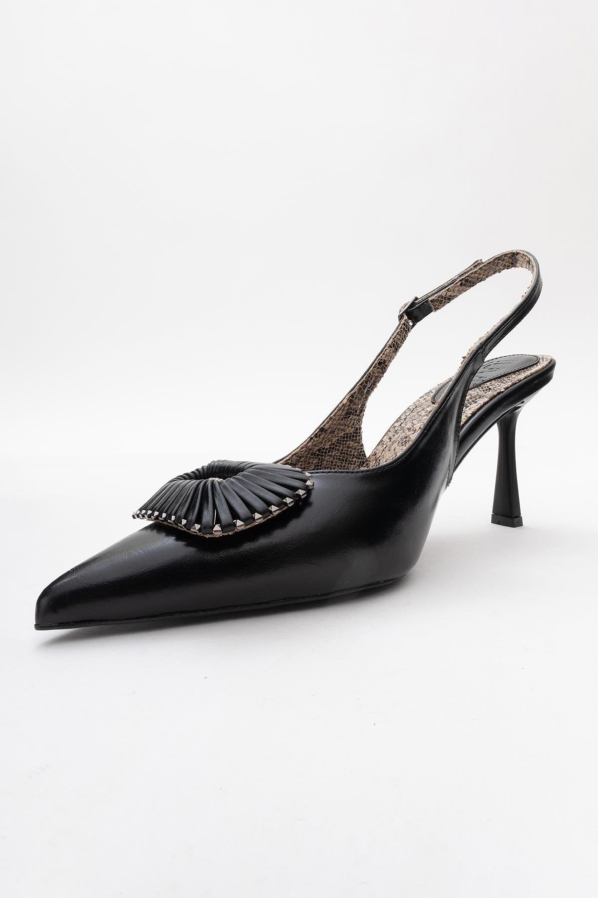 Spera - Black Patterned Buckle Slingback Stiletto – heel view showing leather, black, Vowalisse
