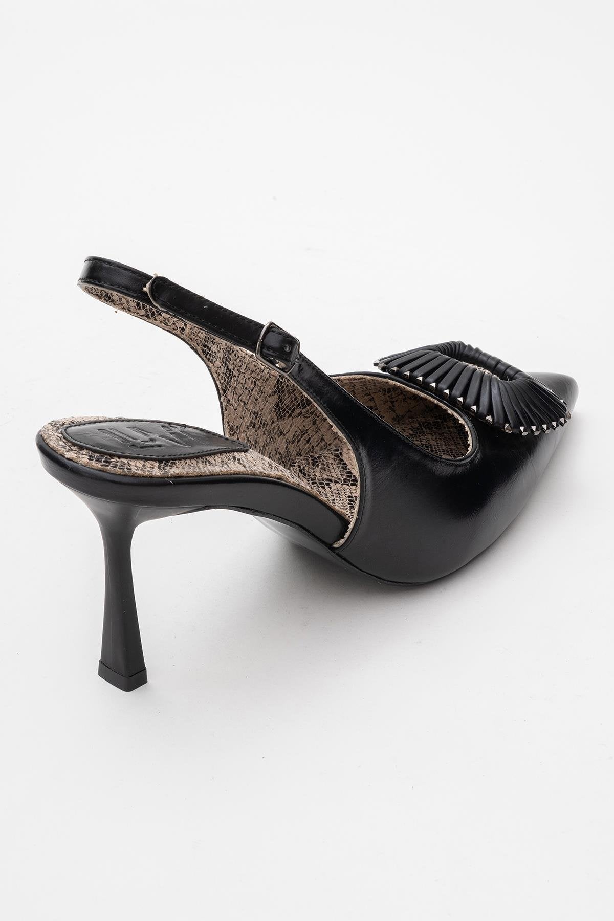 Spera - Black Patterned Buckle Slingback Stiletto – back view showing leather, black, Vowalisse