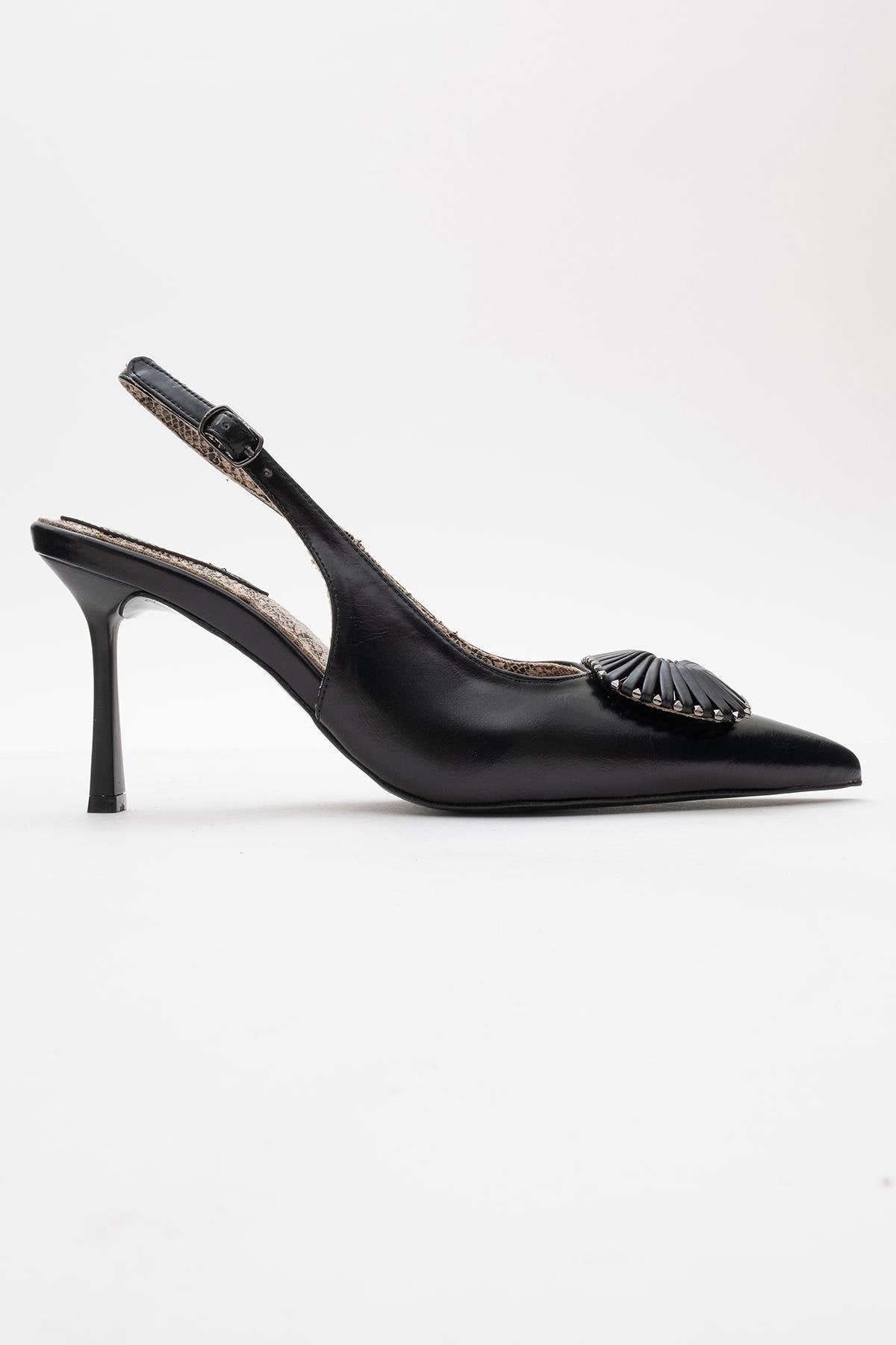 Spera - Black Patterned Buckle Slingback Stiletto – top view showing leather, black, Vowalisse