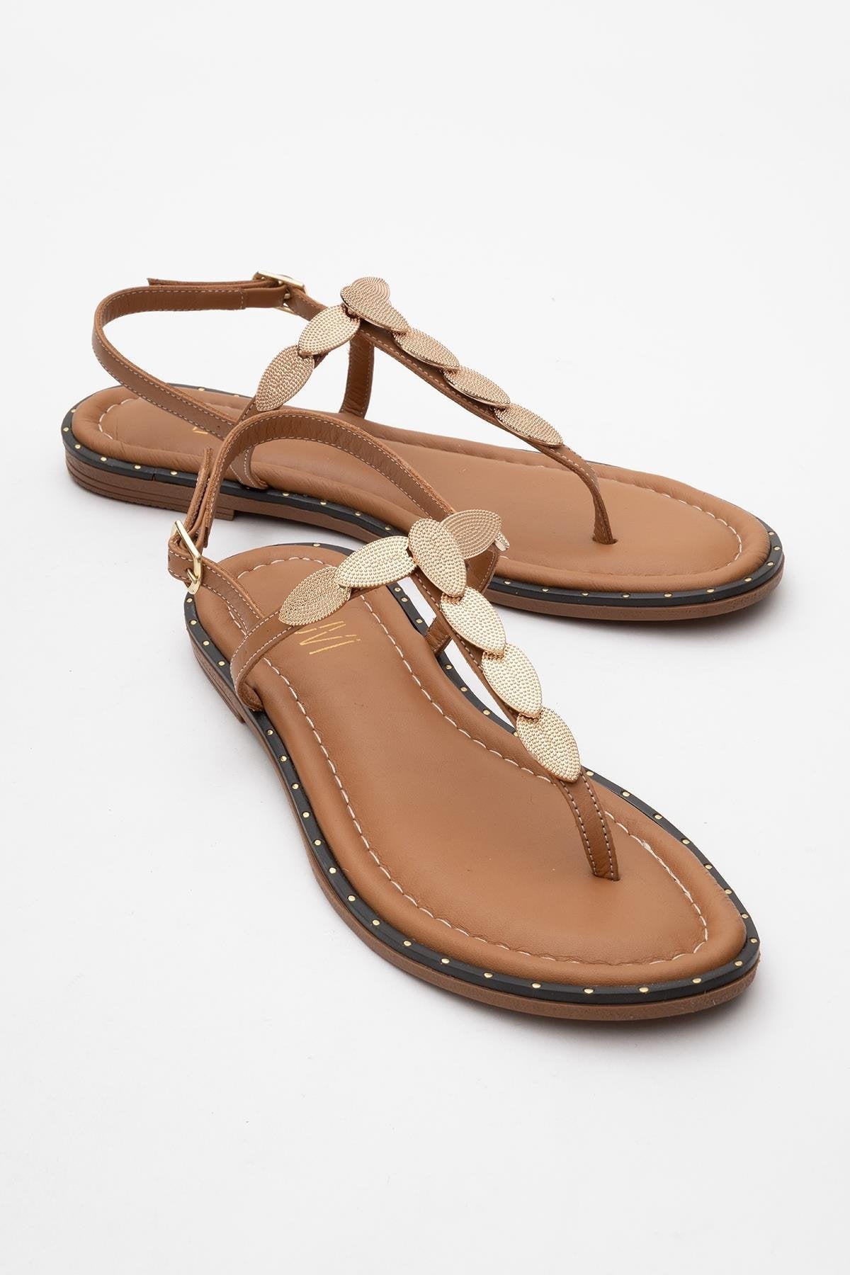 Marea - Cognac Brown Leather Flat Sandal – front three-quarter view showing leather, Vowalisse
