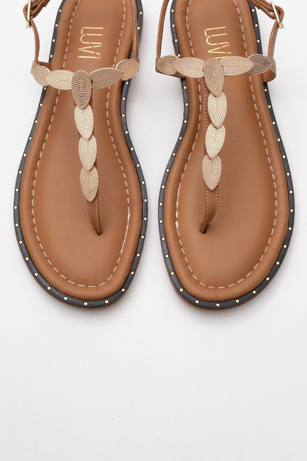 Marea - Cognac Brown Leather Flat Sandal – side view showing leather, Vowalisse