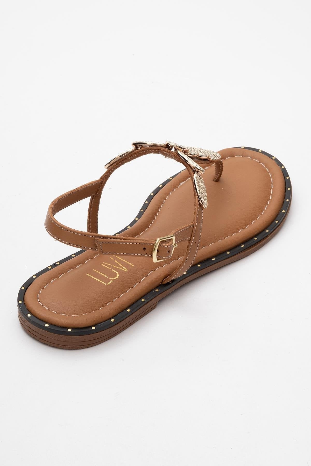 Marea - Cognac Brown Leather Flat Sandal – back view showing leather, Vowalisse