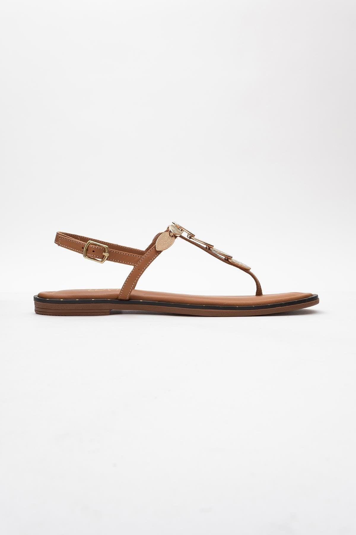 Marea - Cognac Brown Leather Flat Sandal – top view showing leather, Vowalisse