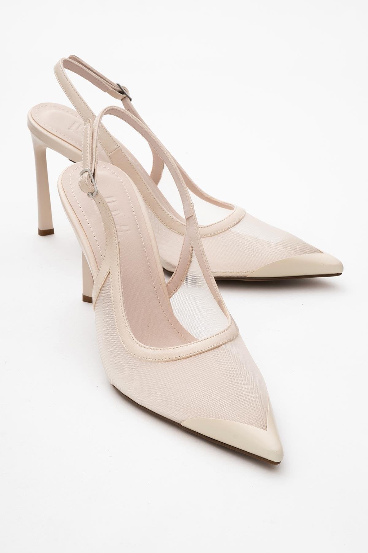 Venas - Beige Mesh High Heel Shoe – front three-quarter view showing leather, mesh, Vowalisse