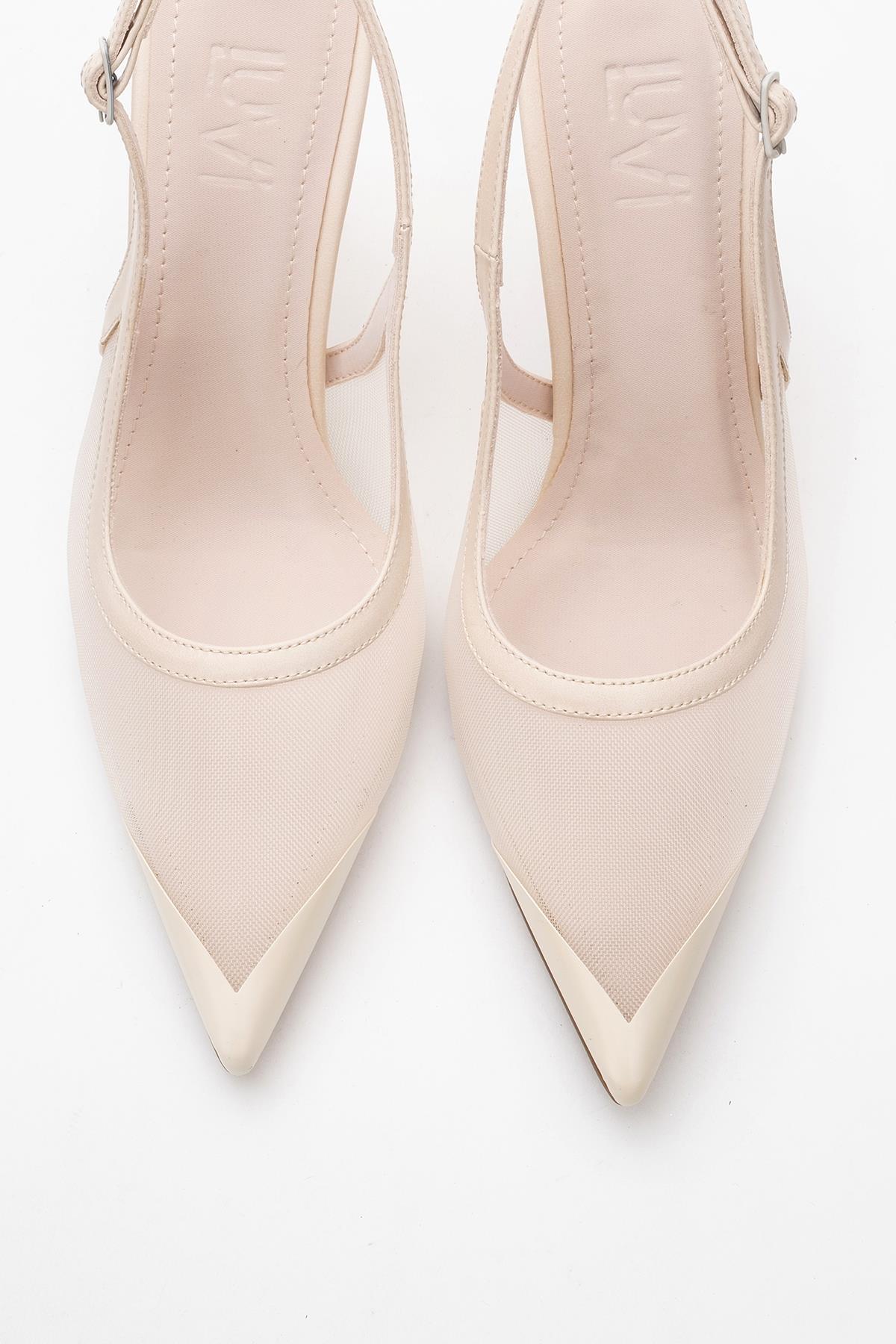 Venas - Beige Mesh High Heel Shoe – side view showing leather, mesh, Vowalisse