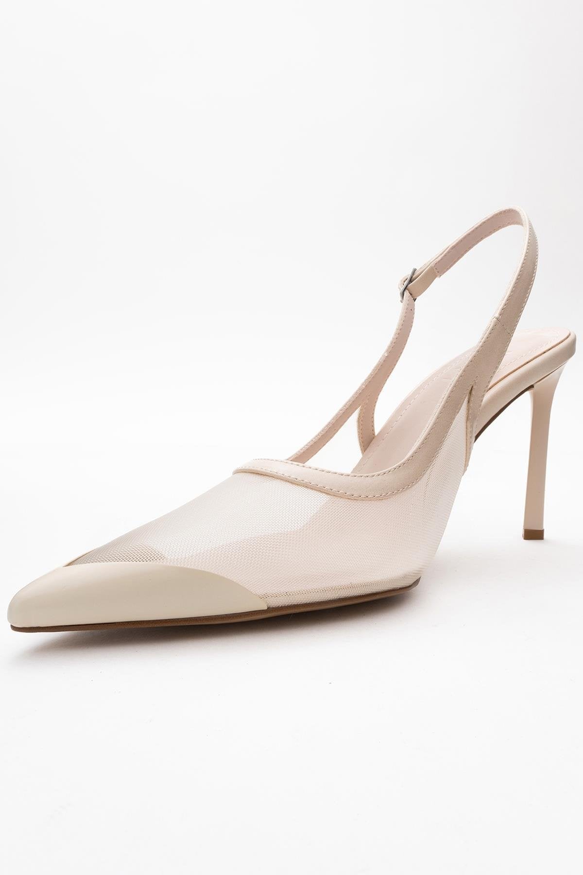 Venas - Beige Mesh High Heel Shoe – heel view showing leather, mesh, Vowalisse