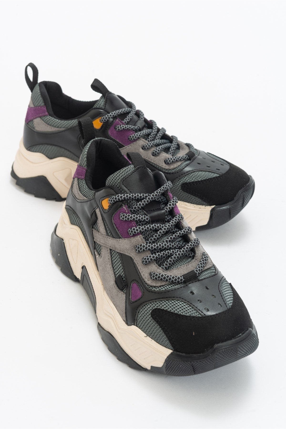 Loretta - Black-Purple Multi Sneaker – front three-quarter view showing leather, black, Vowalisse