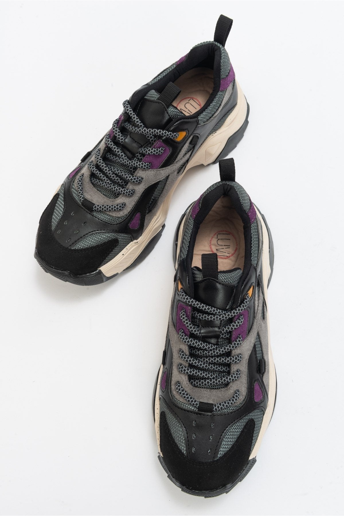 Loretta - Black-Purple Multi Sneaker – detail view showing leather, black, Vowalisse