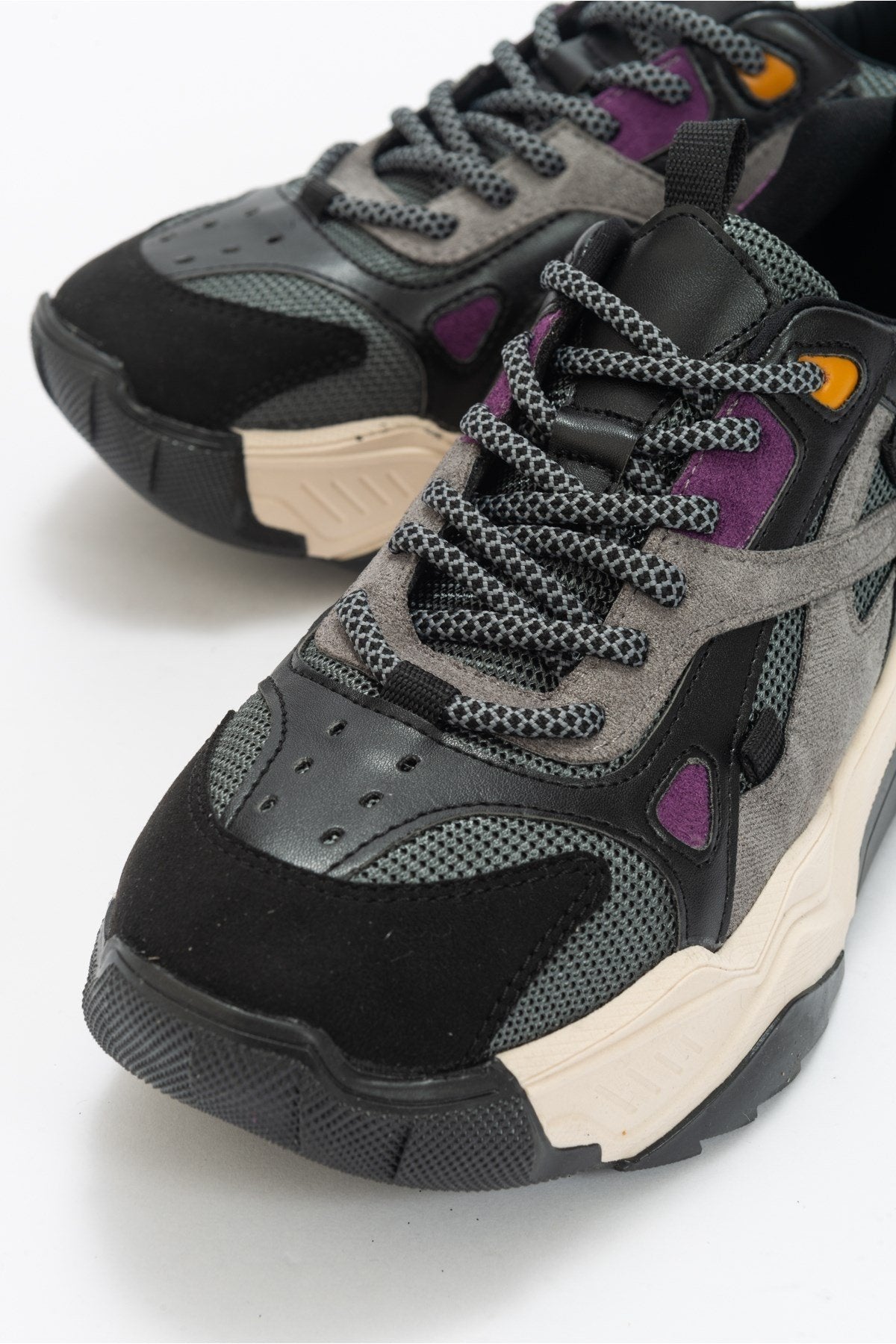 Loretta - Black-Purple Multi Sneaker – heel view showing leather, black, Vowalisse