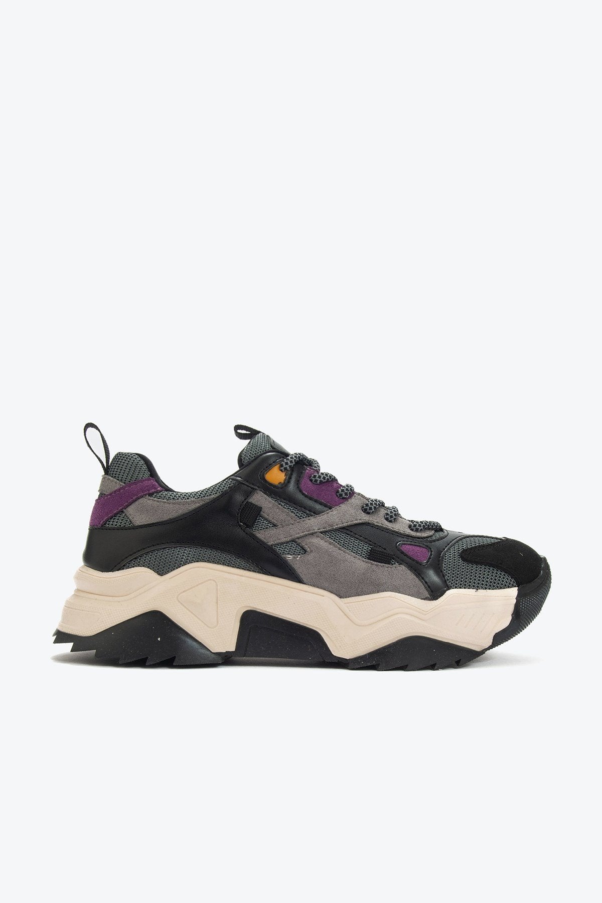 Loretta - Black-Purple Multi Sneaker – top view showing leather, black, Vowalisse