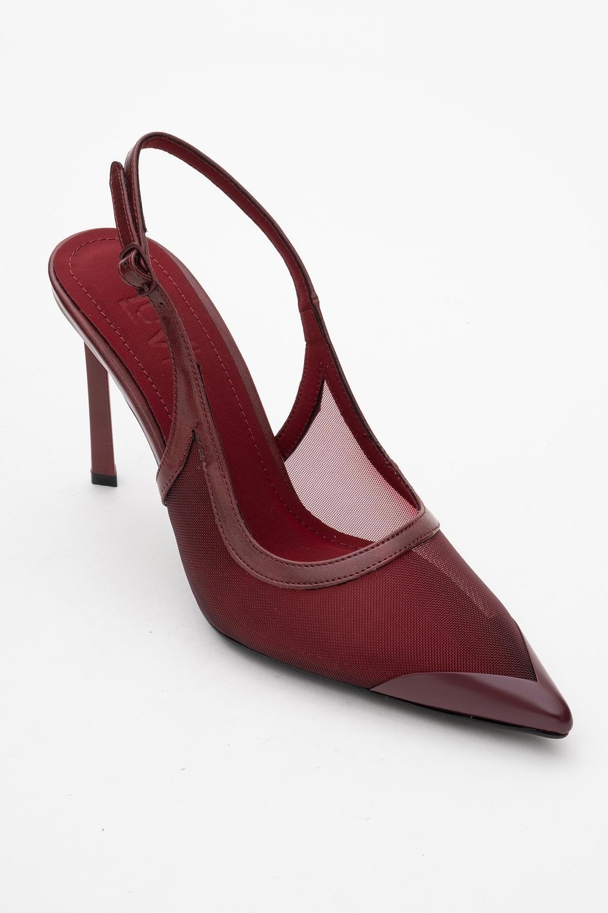 Venas - Burgundy Mesh High Heel Shoe – detail view showing leather, mesh, Vowalisse